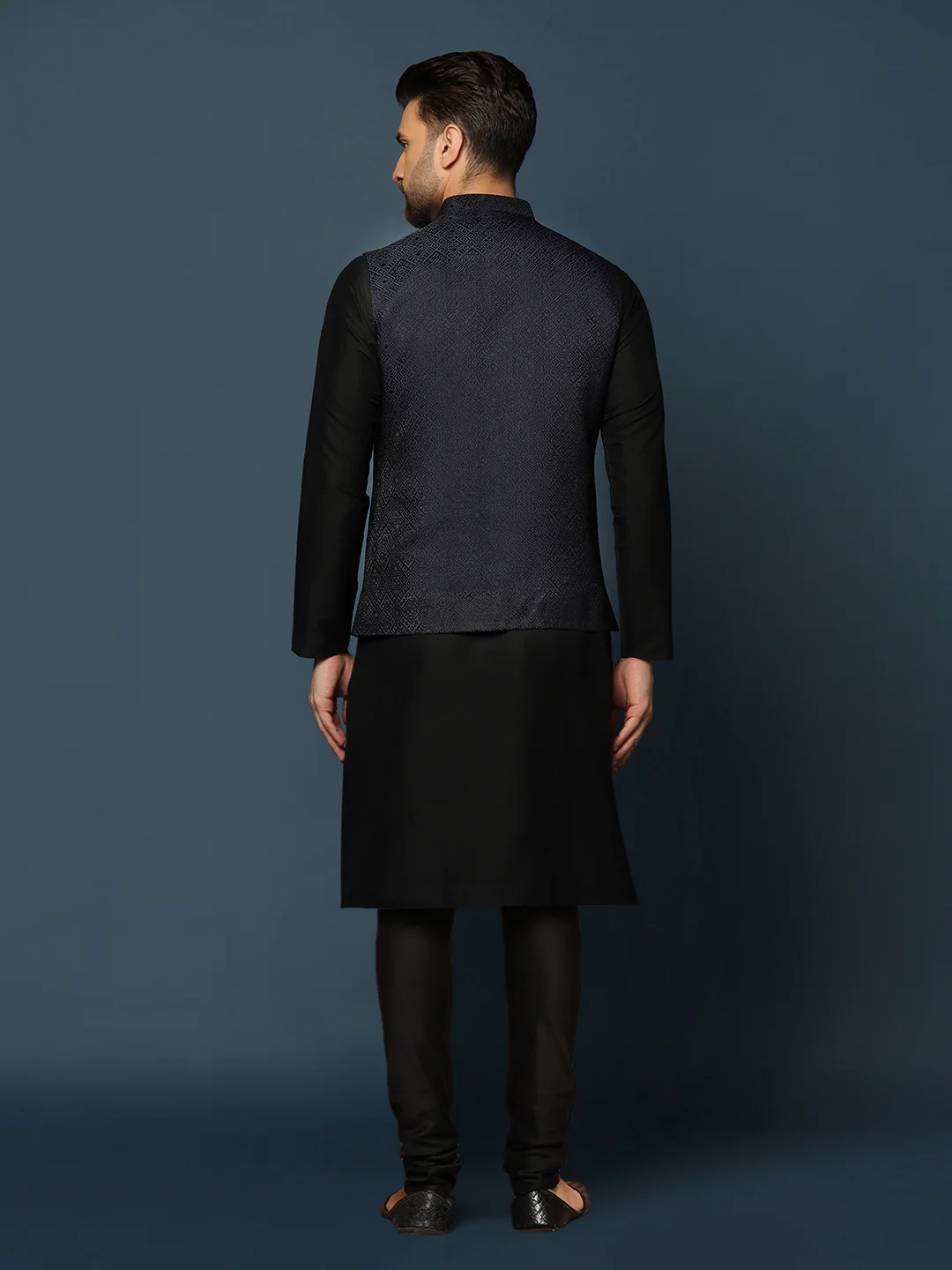 Black Silk Textured Nehru Jacket Kurta Churidar - Image 4