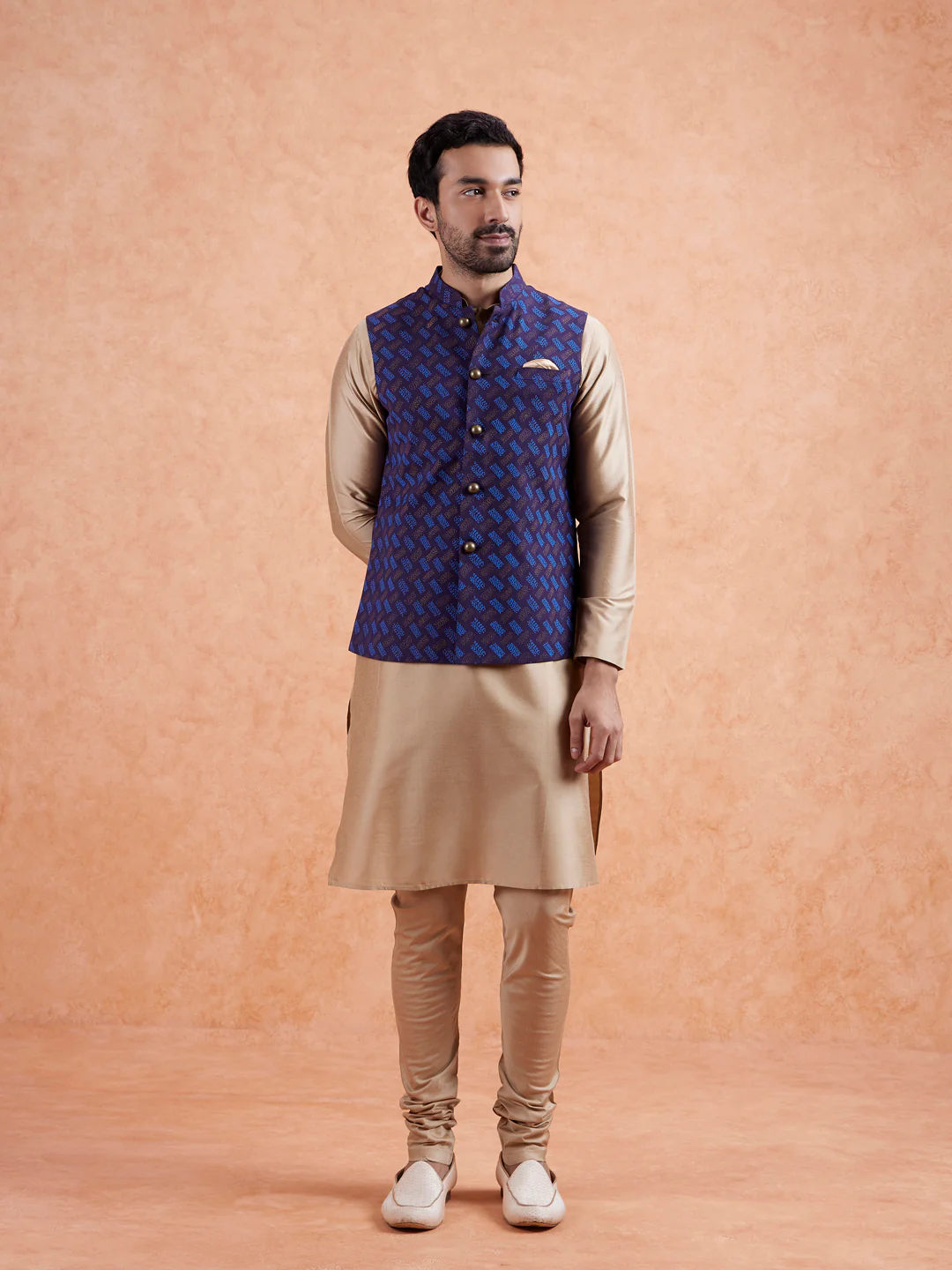 Navy Jacket Beige Kurta Churidar Set - Image 2