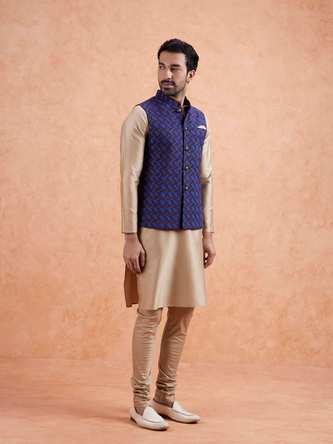Navy Jacket Beige Kurta Churidar Set - Image 3