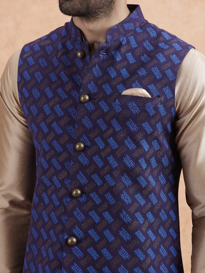 Navy Jacket Beige Kurta Churidar Set - Image 5