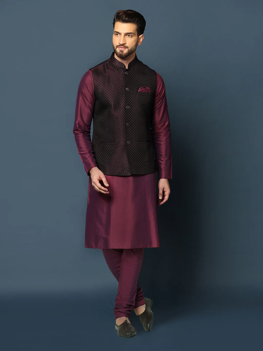 Men's Wine Kurta Jacket Churidar Set
