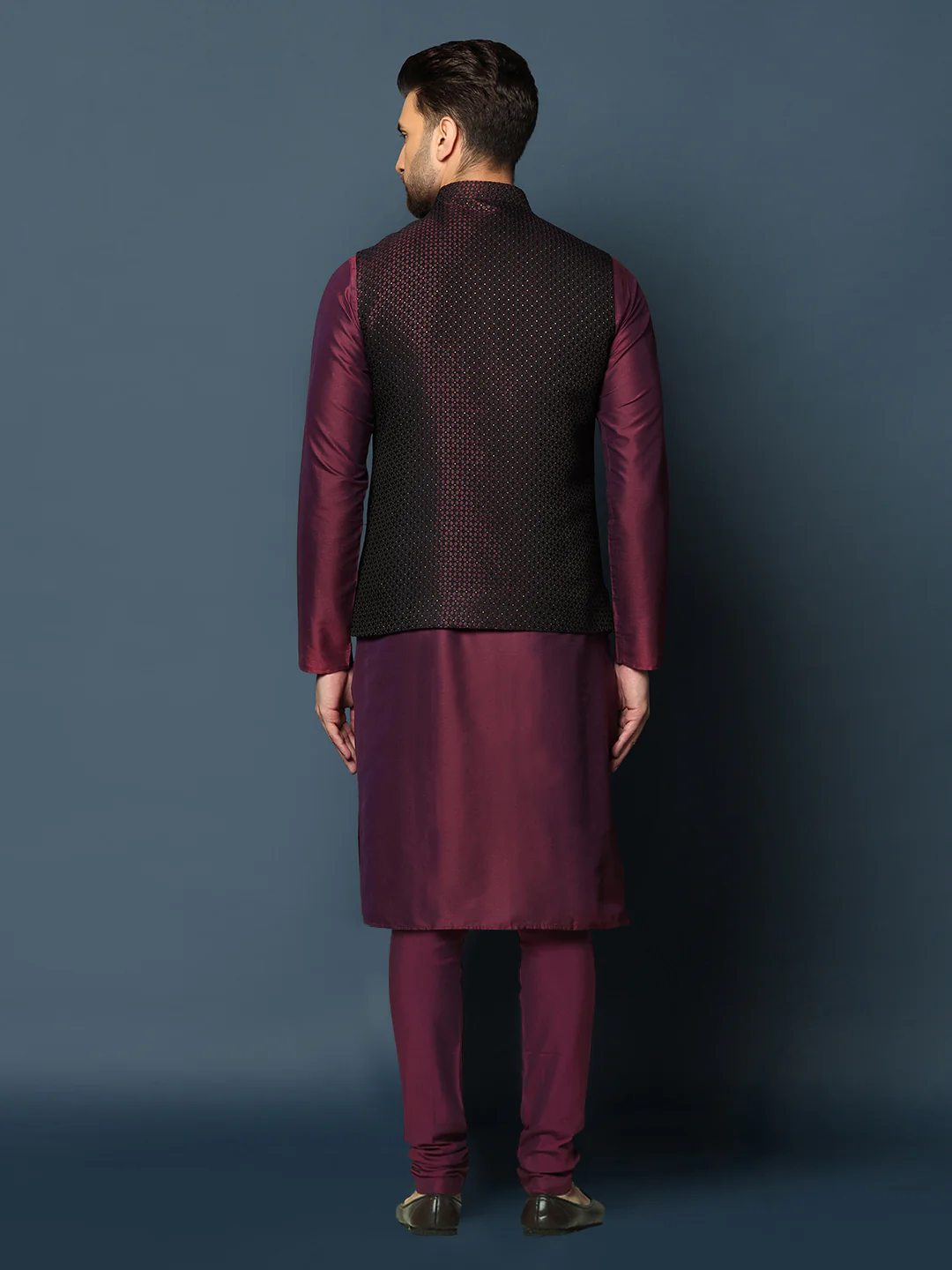 Men's Wine Kurta Jacket Churidar Set - Image 4