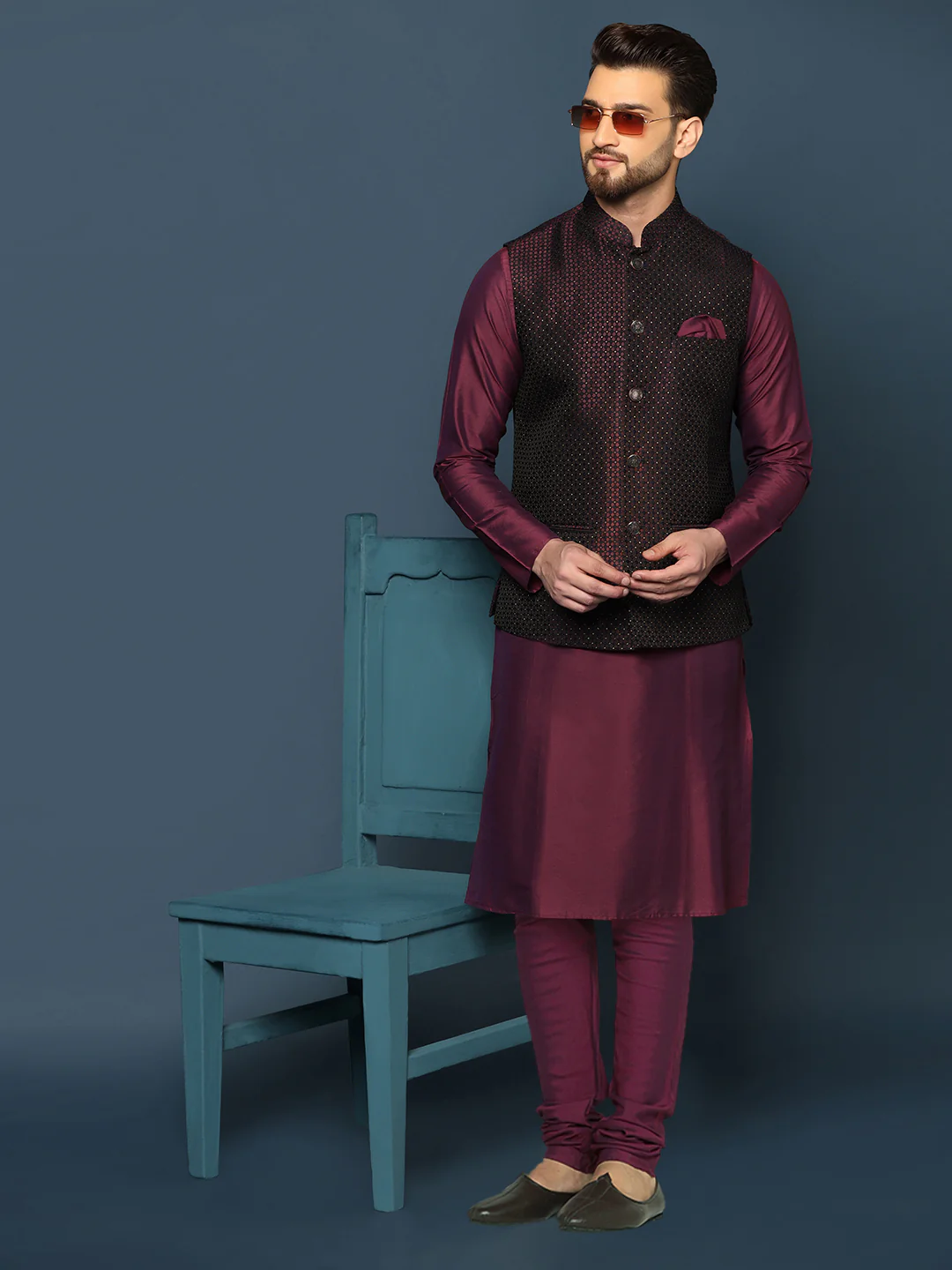 Men's Wine Kurta Jacket Churidar Set - Image 7