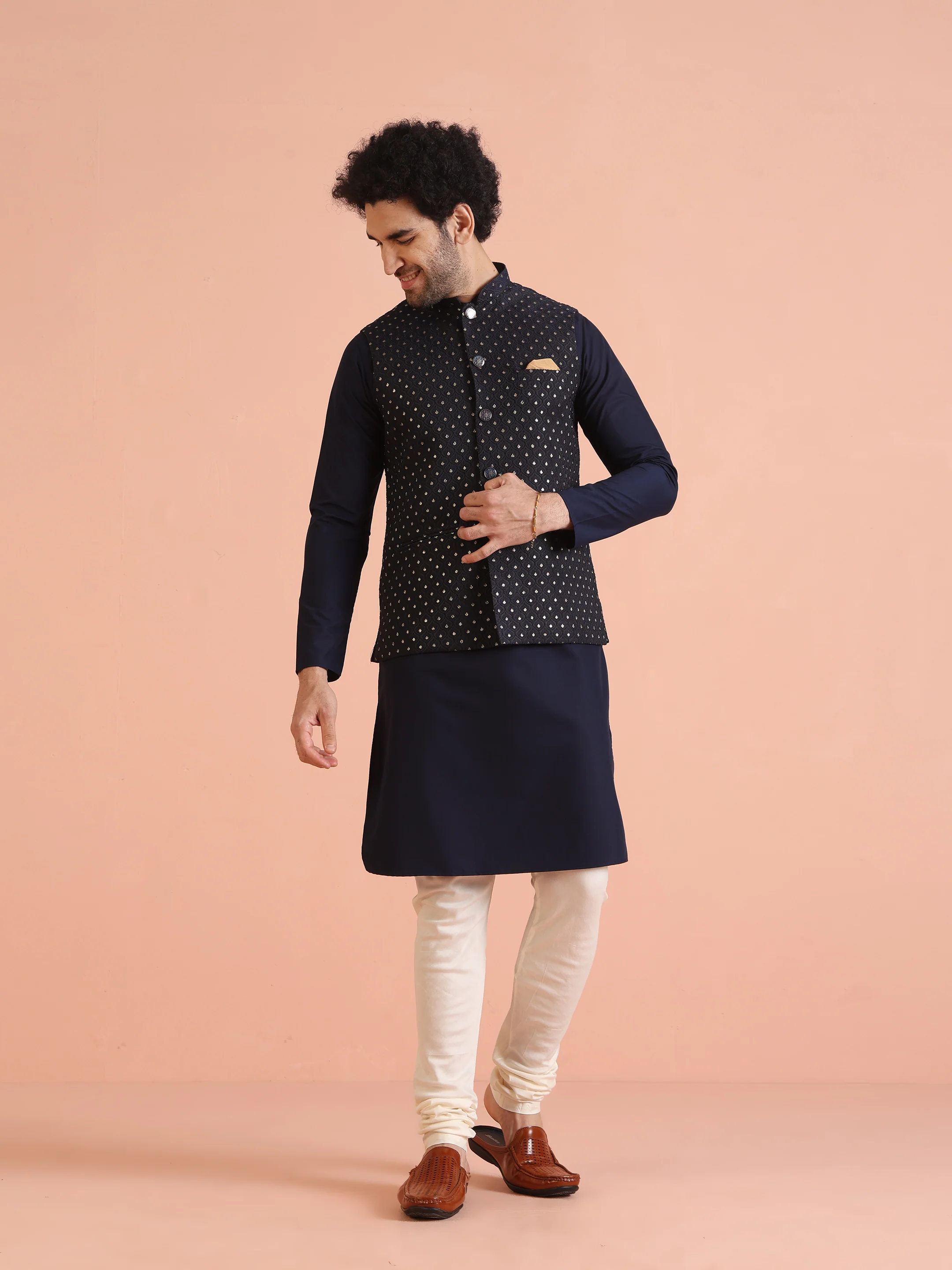 Black Silk Blend Embellished Jacket Kurta Churidar - Image 8
