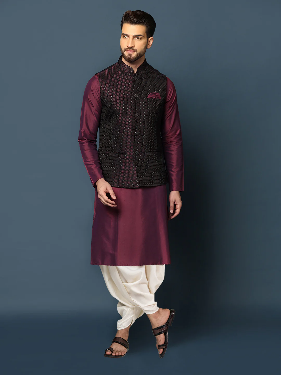 Wine Silk Textured Jacket Kurta Dhoti Set