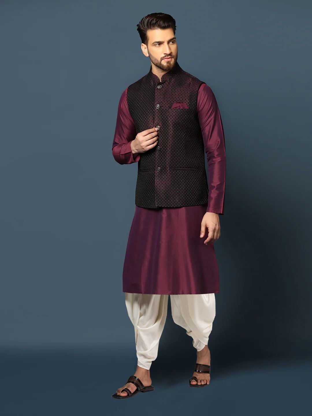 Wine Silk Textured Jacket Kurta Dhoti Set - Image 3