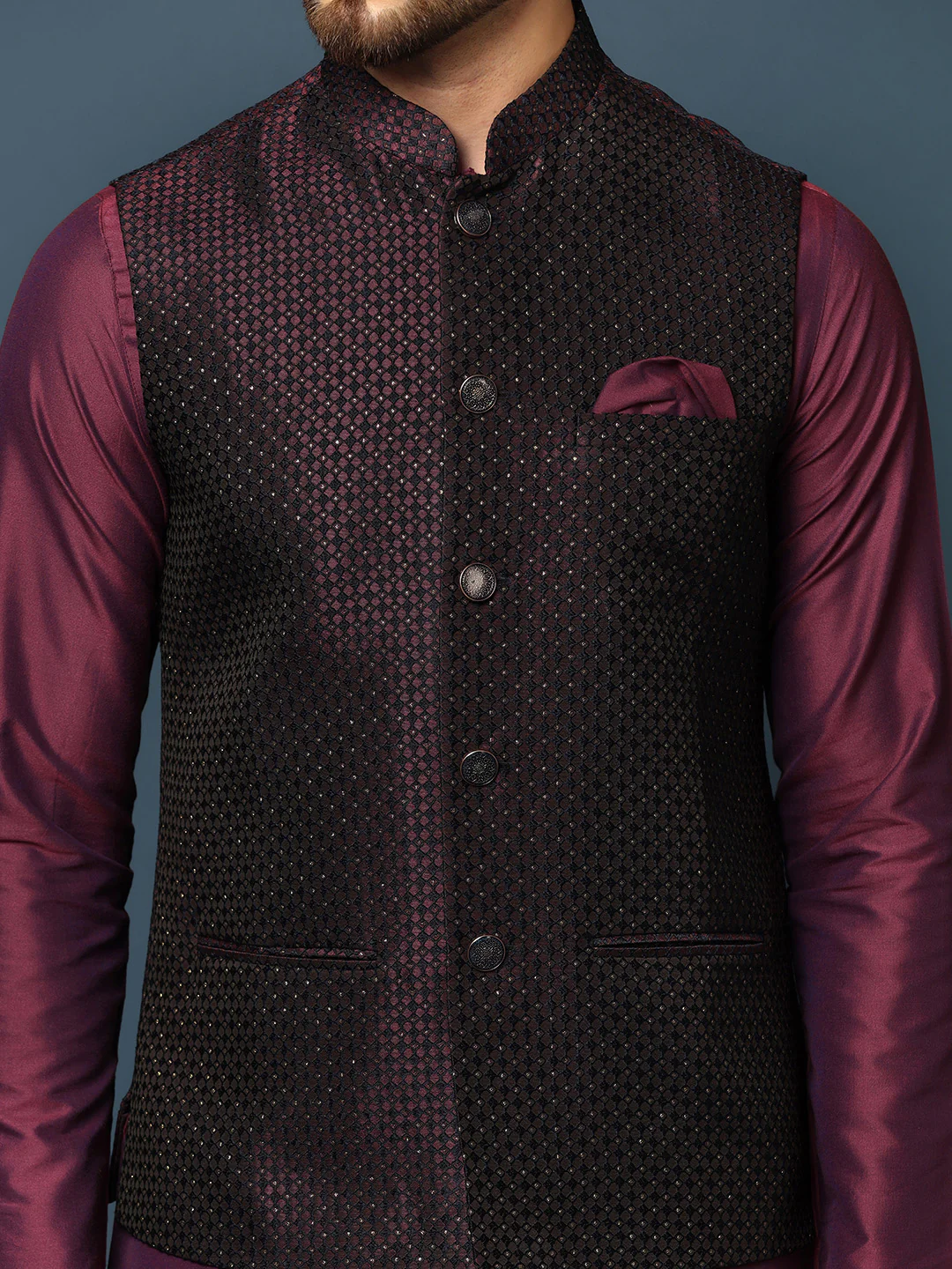 Wine Silk Textured Jacket Kurta Dhoti Set - Image 5
