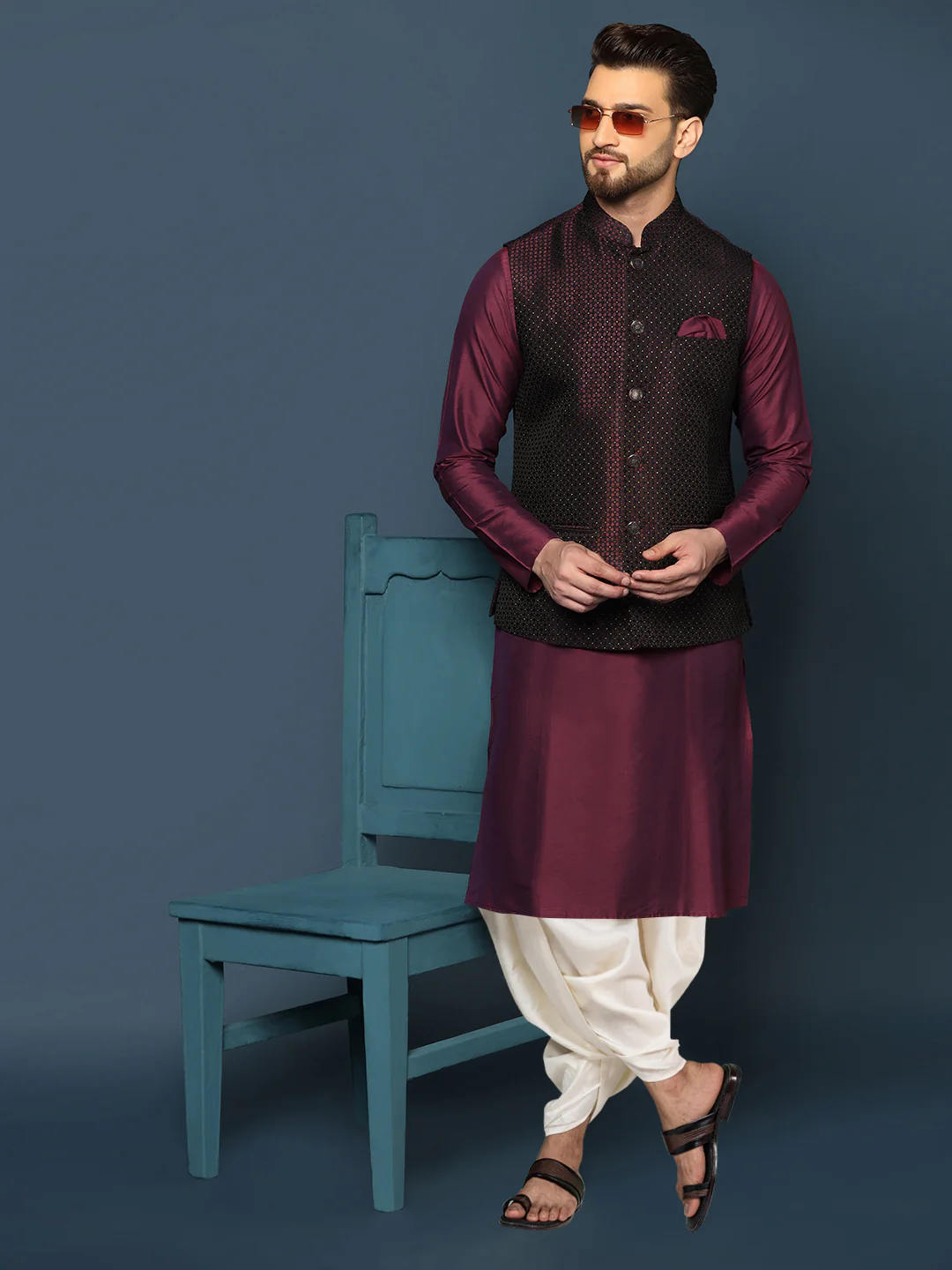 Wine Silk Textured Jacket Kurta Dhoti Set - Image 7