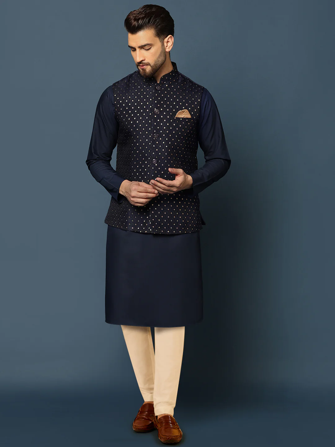 Navy Blue Jacquard Jacket Kurta Trouser Set