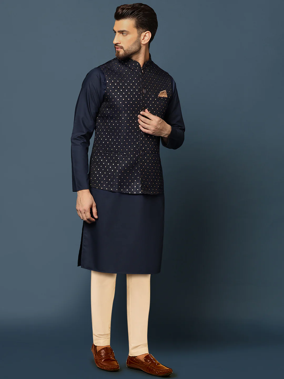 Navy Blue Jacquard Jacket Kurta Trouser Set - Image 2