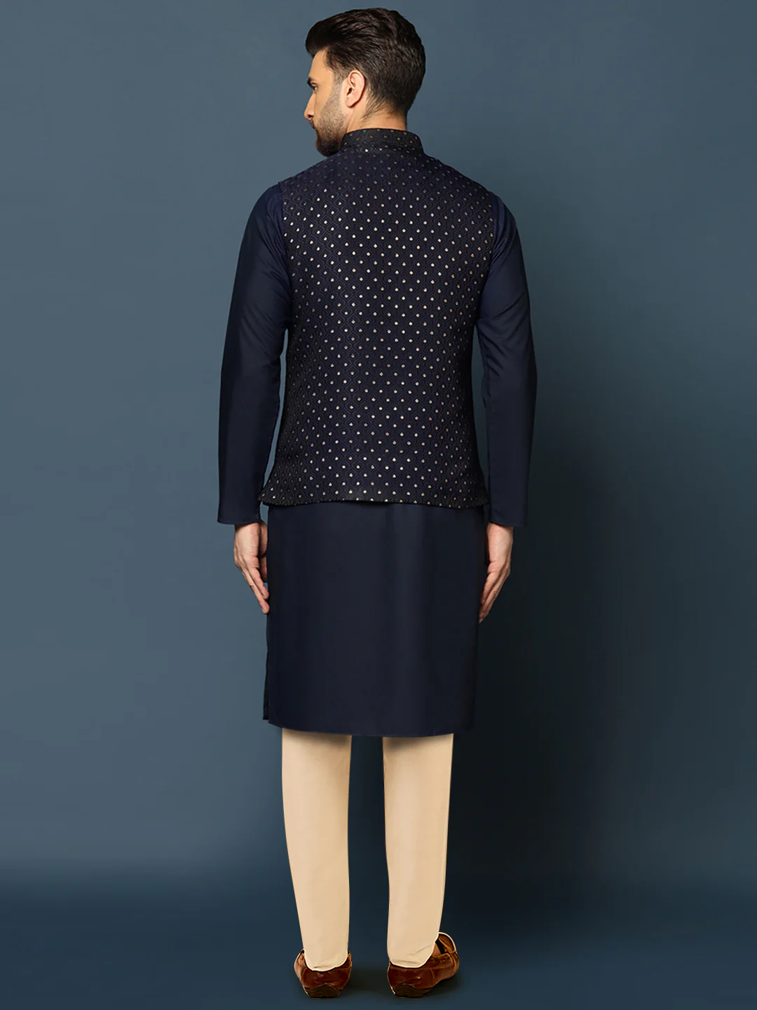 Navy Blue Jacquard Jacket Kurta Trouser Set - Image 4