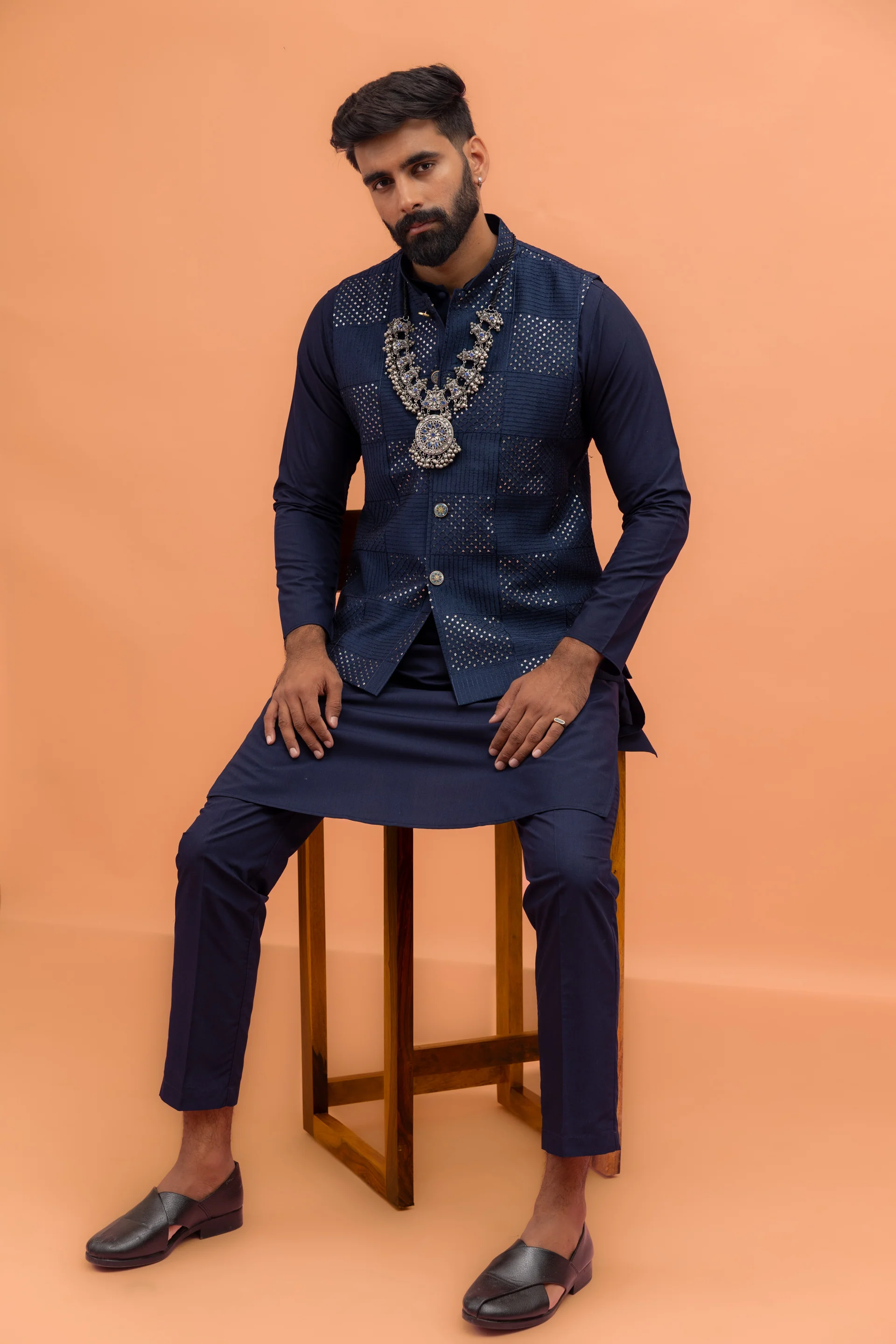 Navy Blue Silk Blend Mirror Work Nehru Jacket Kurta Set