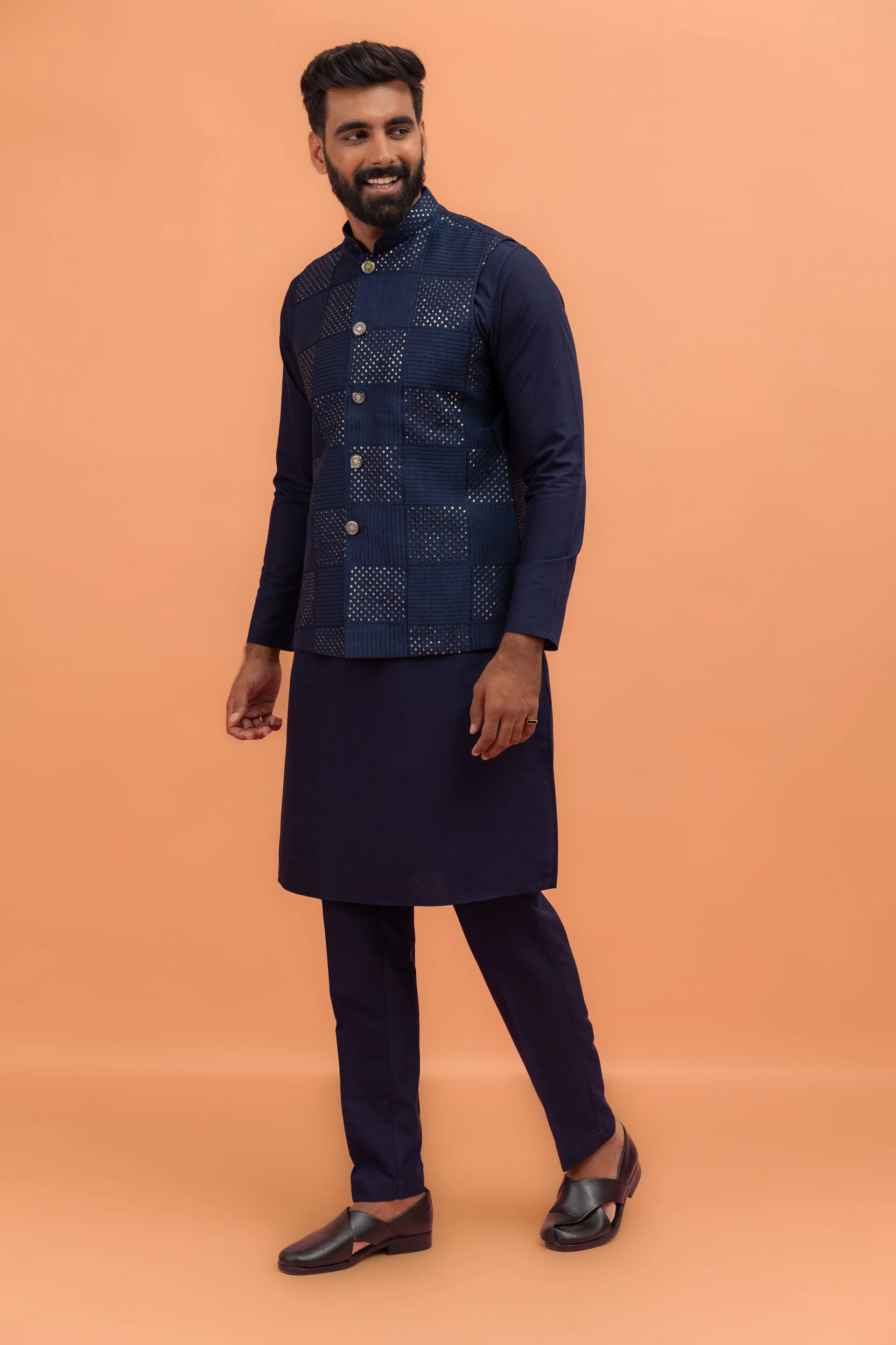 Navy Blue Silk Blend Mirror Work Nehru Jacket Kurta Set - Image 3