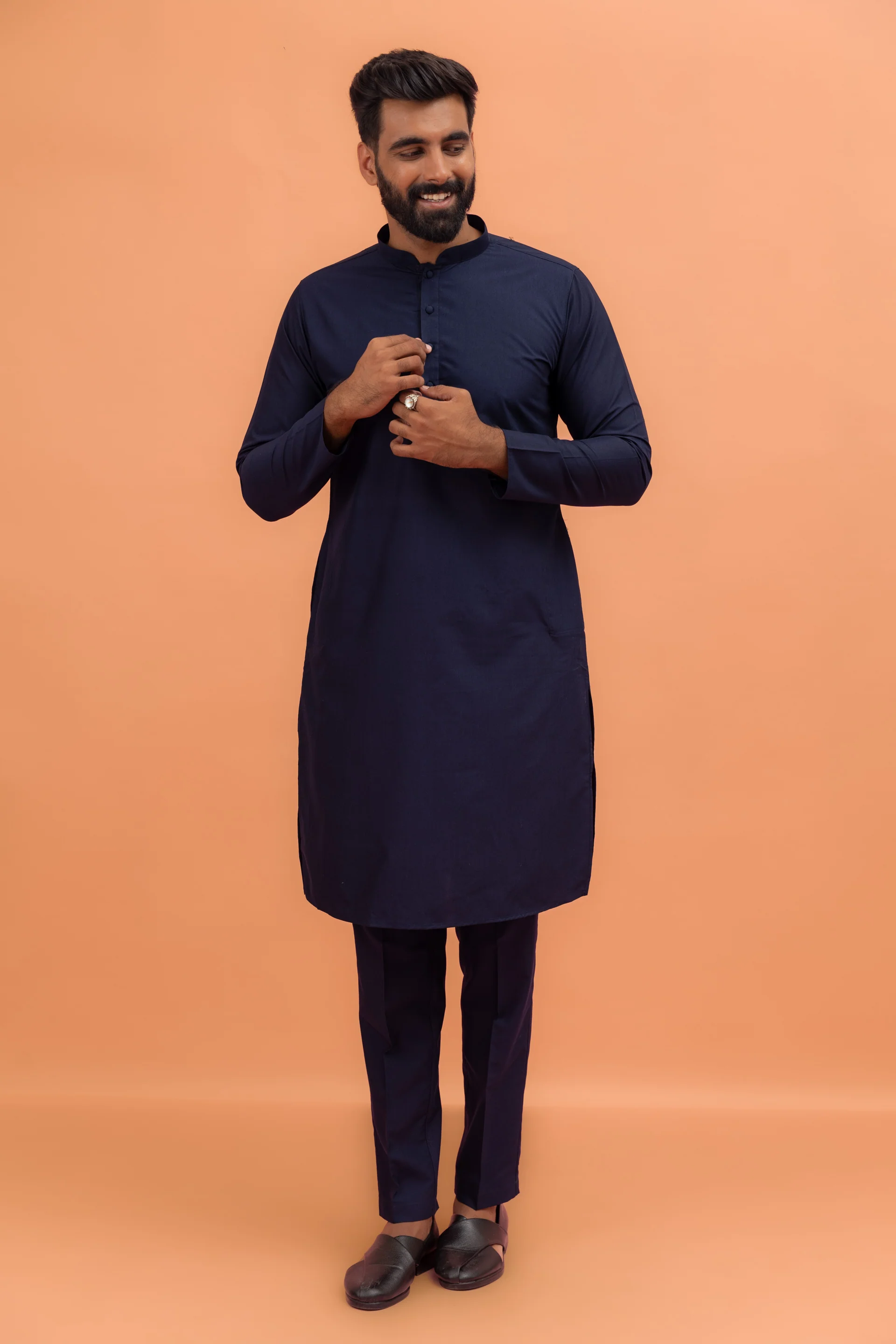 Navy Blue Silk Blend Mirror Work Nehru Jacket Kurta Set - Image 6