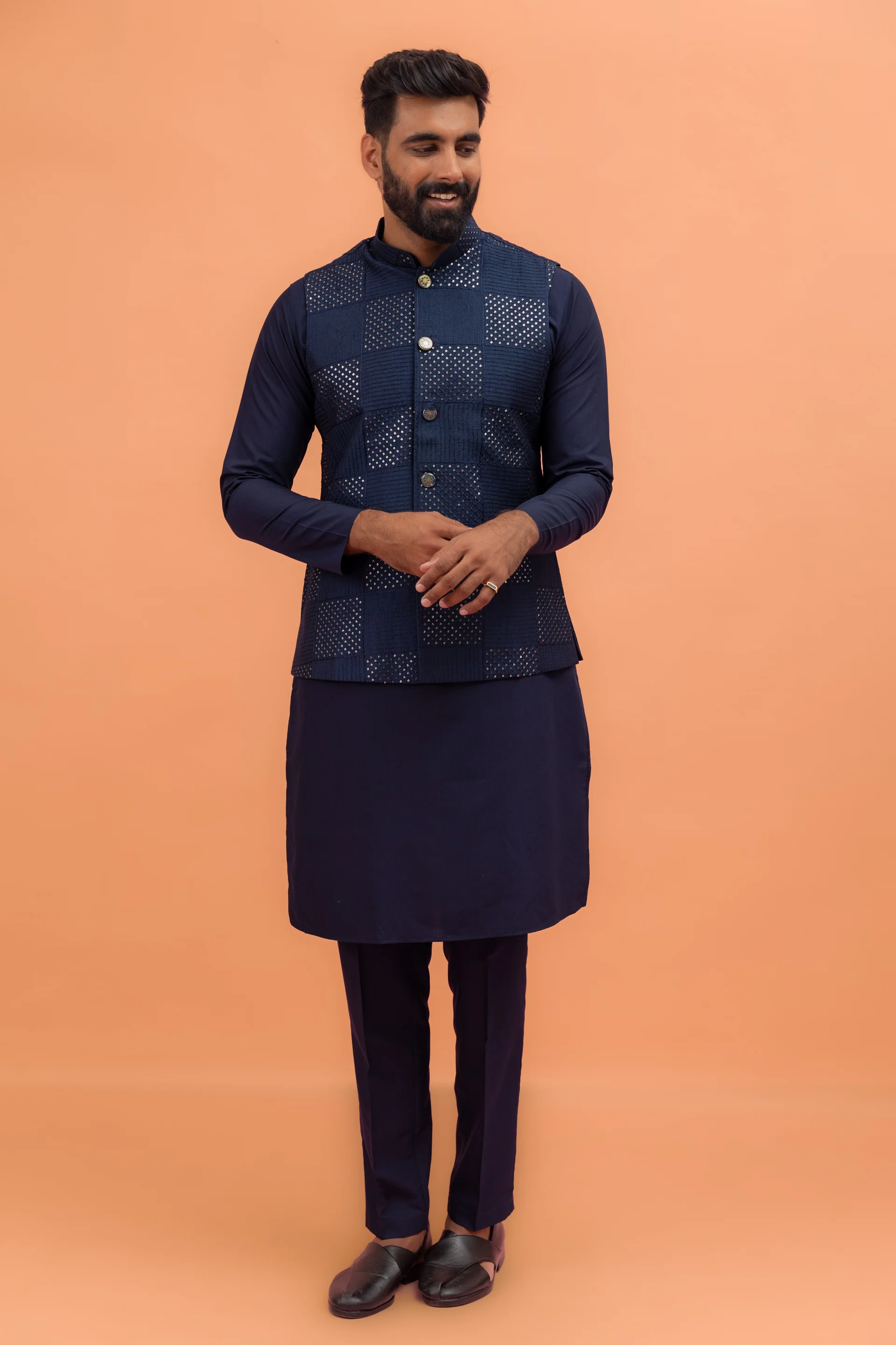 Navy Blue Silk Blend Mirror Work Nehru Jacket Kurta Set - Image 7