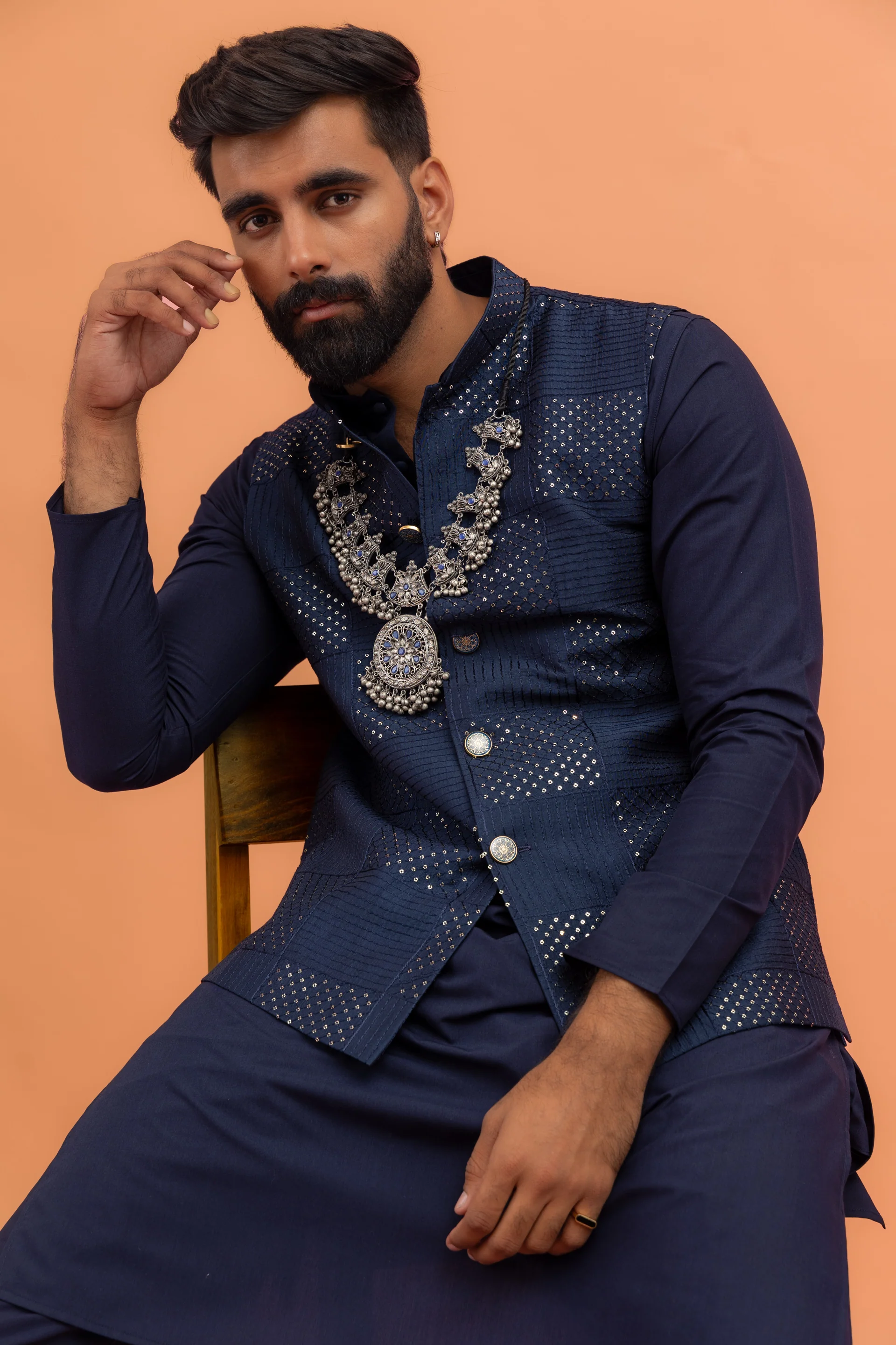 Navy Blue Silk Blend Mirror Work Nehru Jacket Kurta Set - Image 8