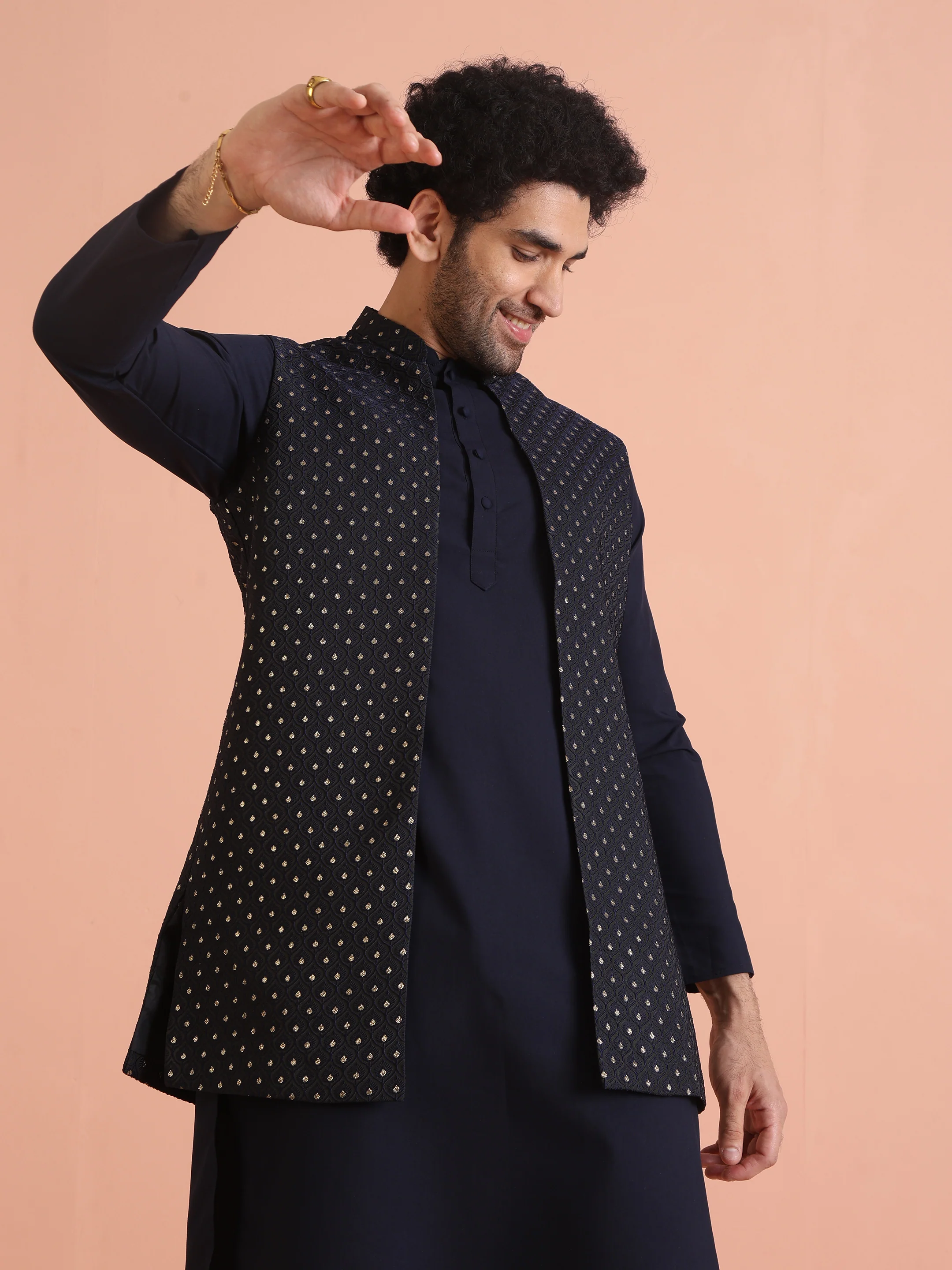 Navy Blue Silk Blend Woven Nehru Jacket Set - Image 7