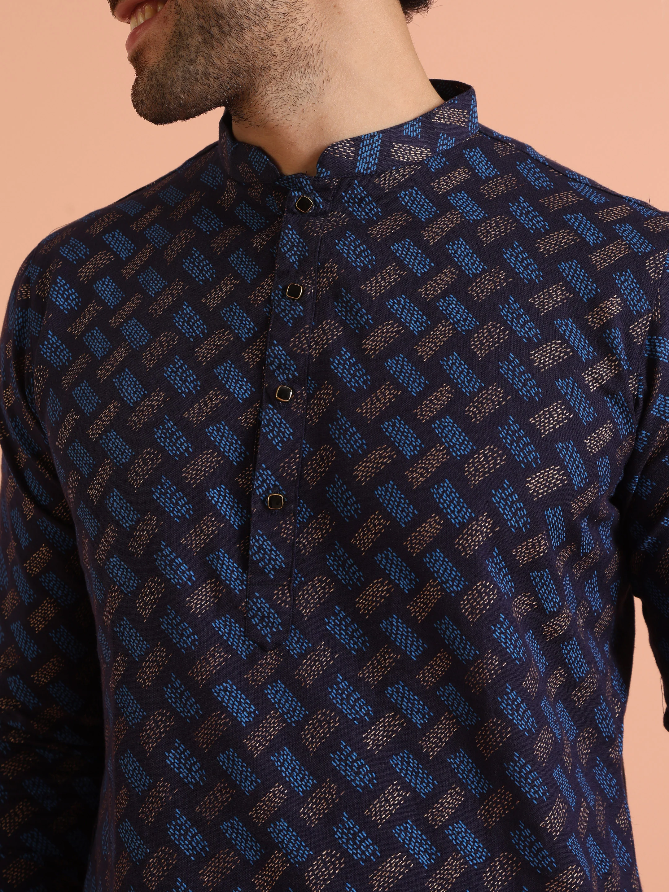 Blue Cotton Silk Printed Long Kurta - Image 5