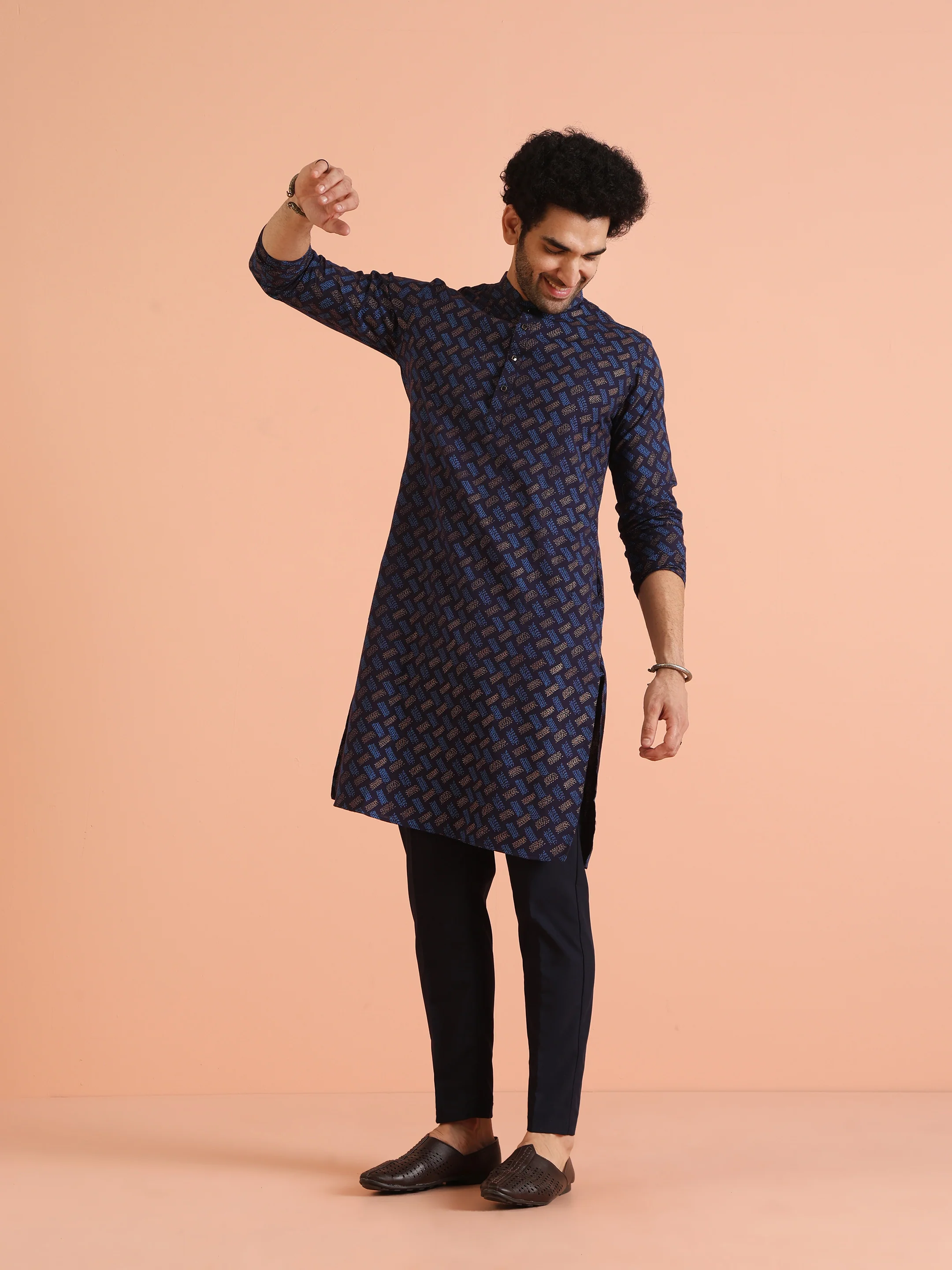 Blue Cotton Silk Printed Long Kurta - Image 8