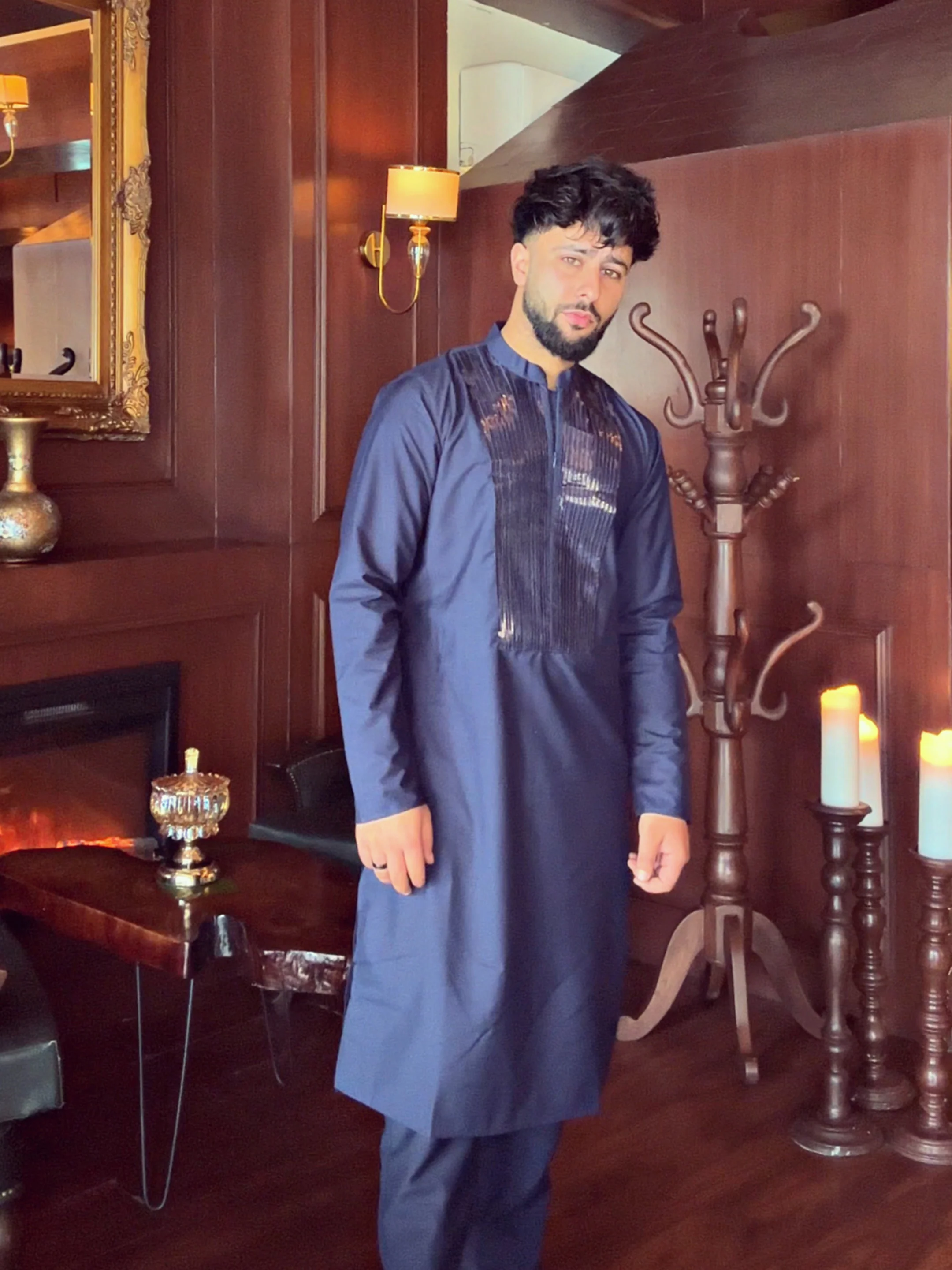Navy Cotton Silk Mettallic Tape Basic Kurta