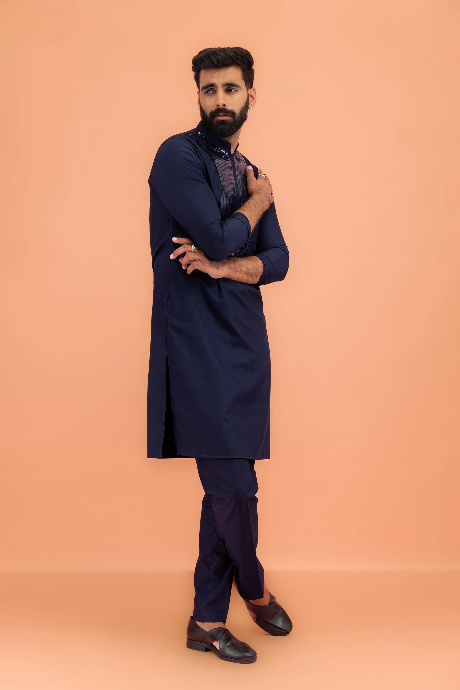 Navy Cotton Silk Mettallic Tape Basic Kurta - Image 4