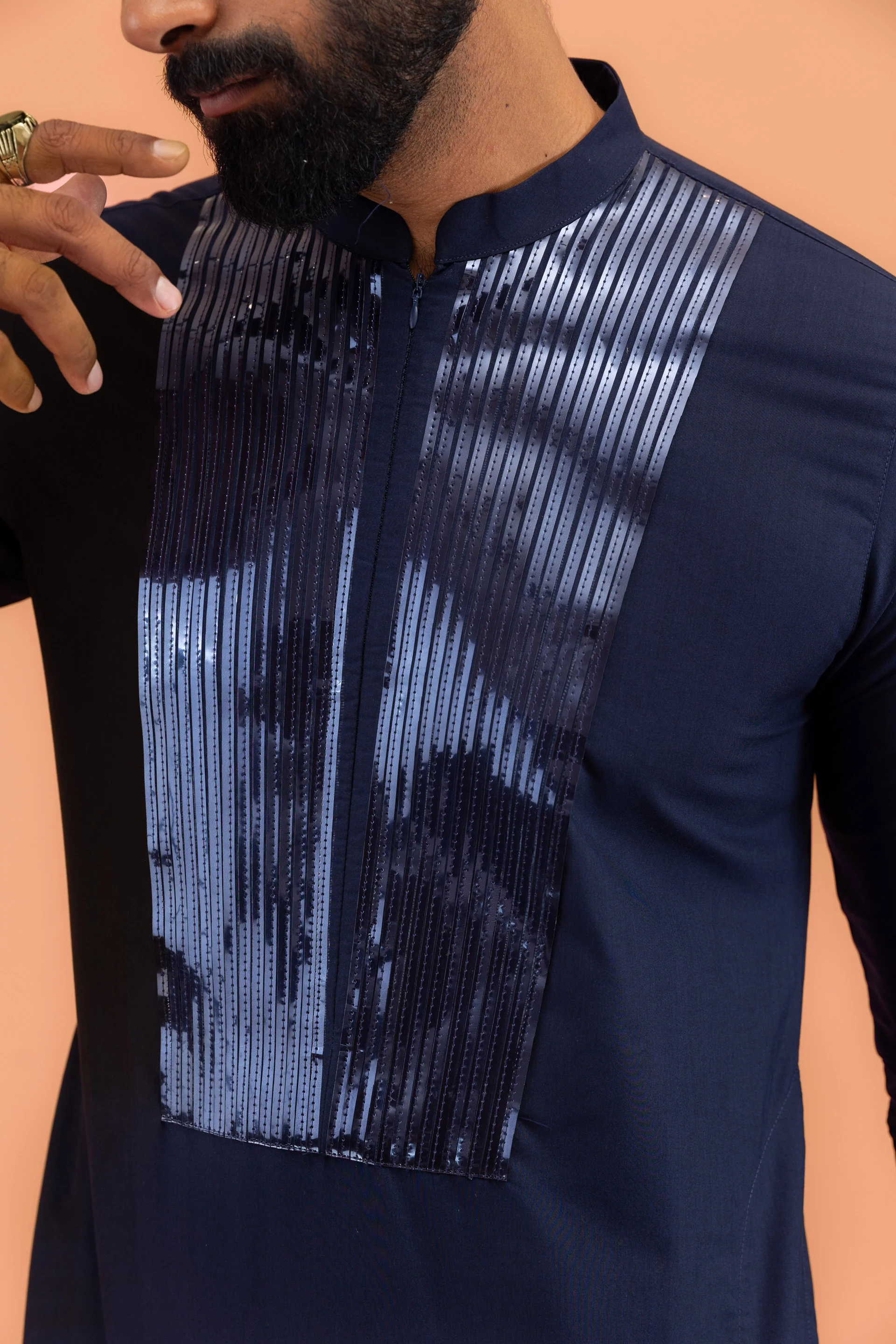 Navy Cotton Silk Mettallic Tape Basic Kurta - Image 6
