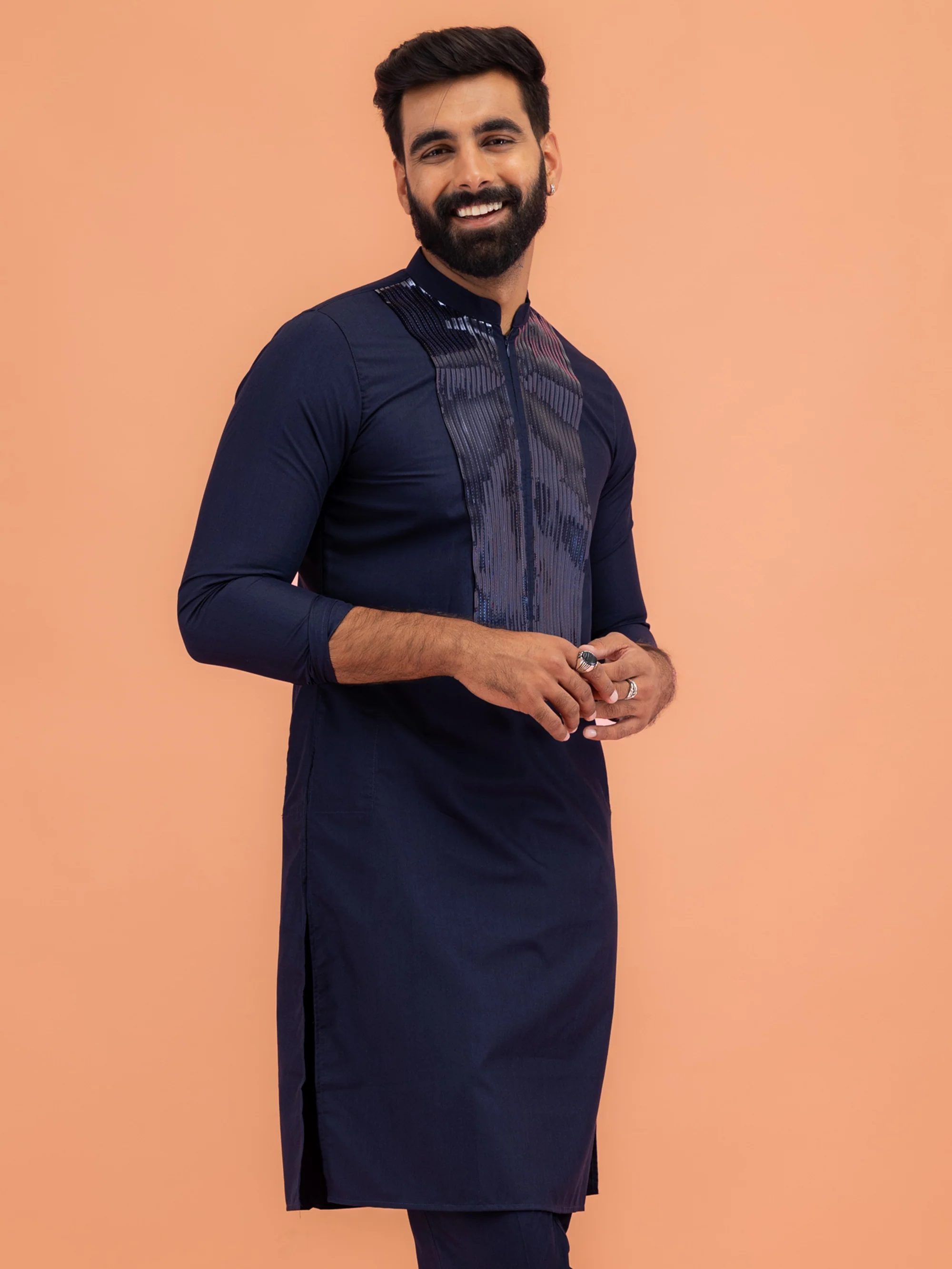 Navy Cotton Silk Mettallic Tape Basic Kurta - Image 7