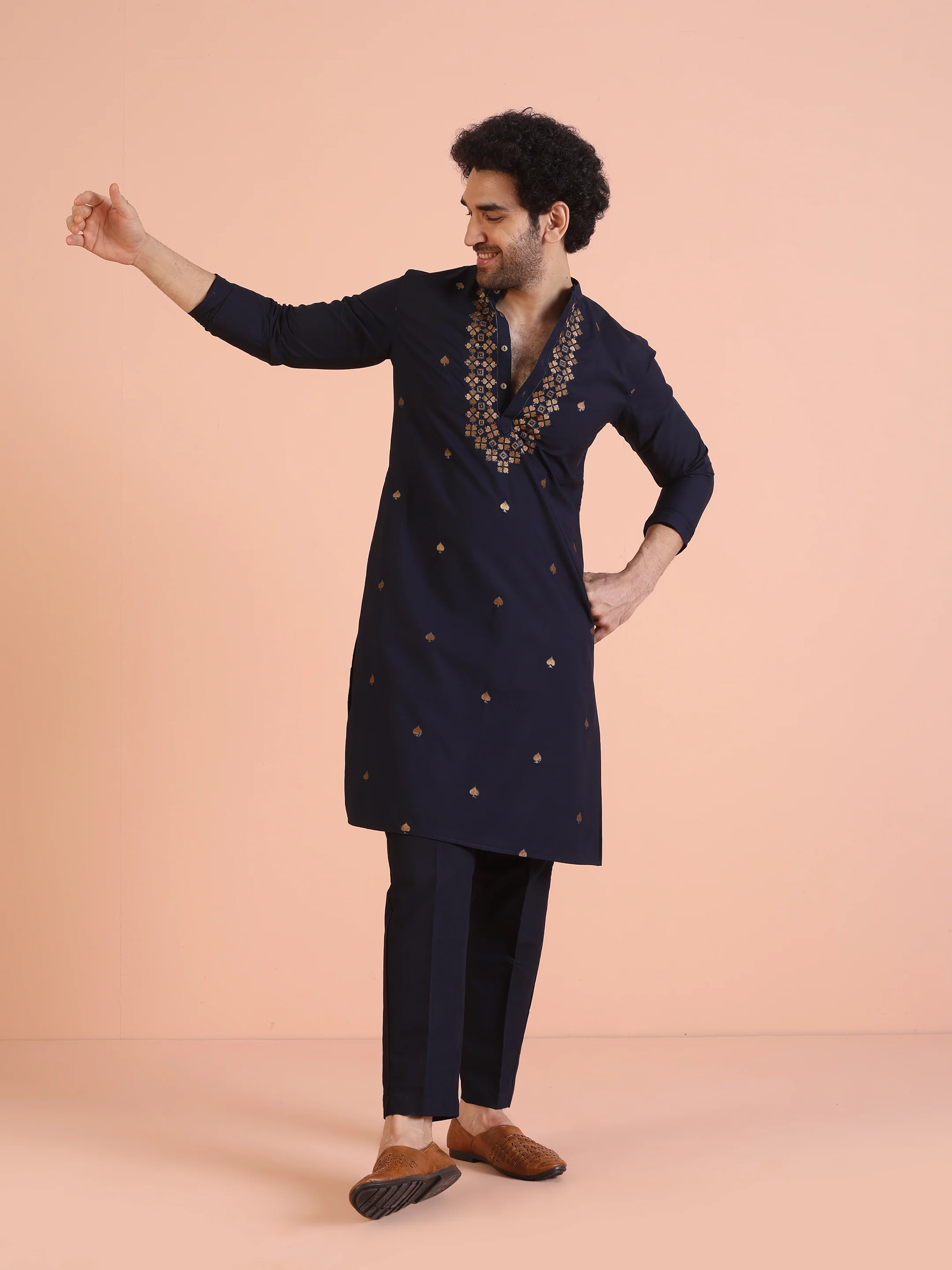 Navy Blue Cotton Silk Embroidered Long Kurta - Image 6
