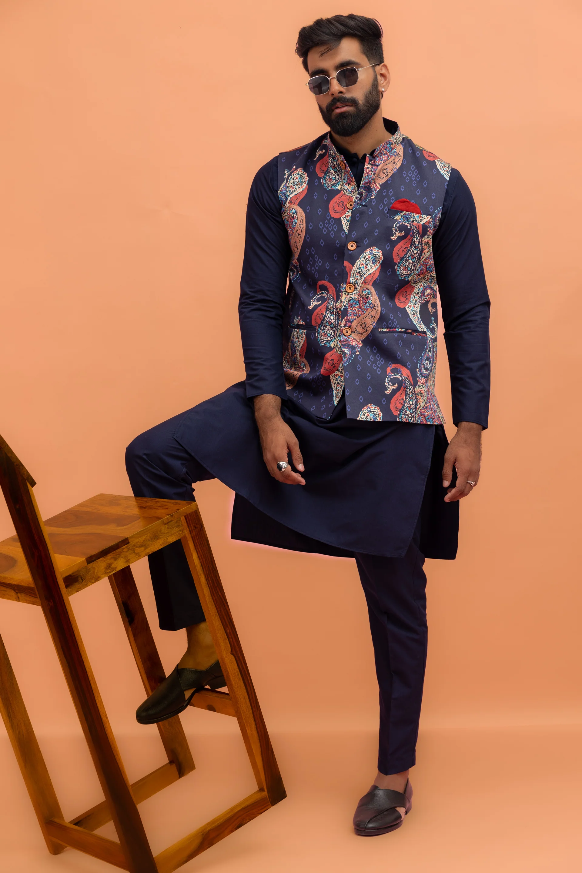 Navy Paisley Printed Nehru Jacket - Image 3