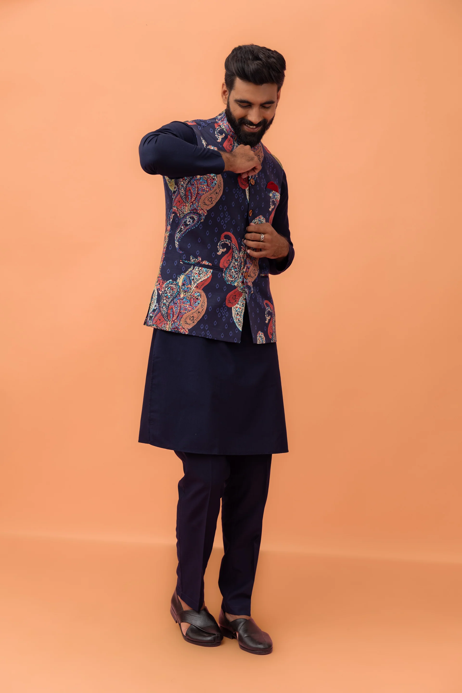 Navy Paisley Printed Nehru Jacket - Image 4