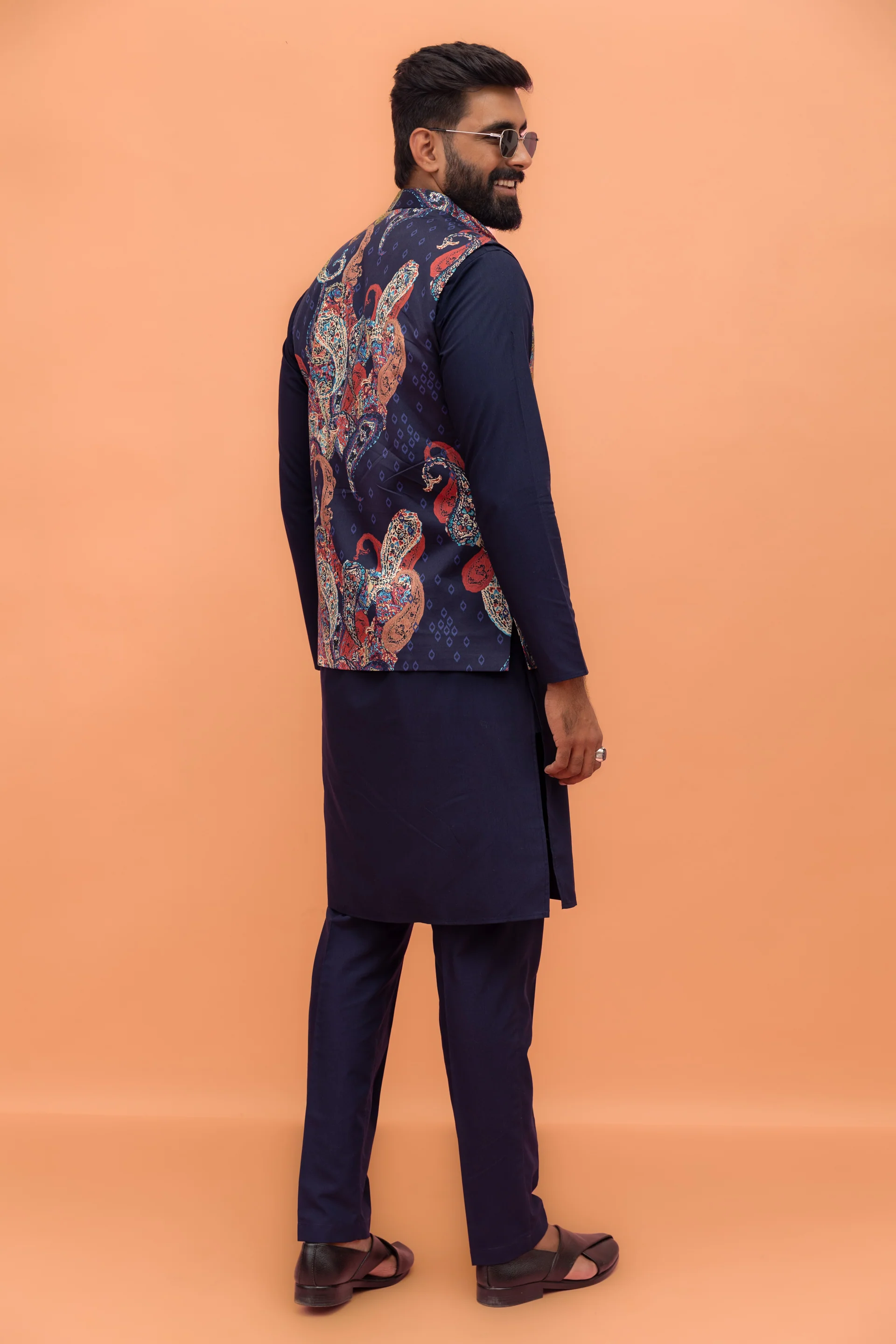 Navy Paisley Printed Nehru Jacket - Image 5