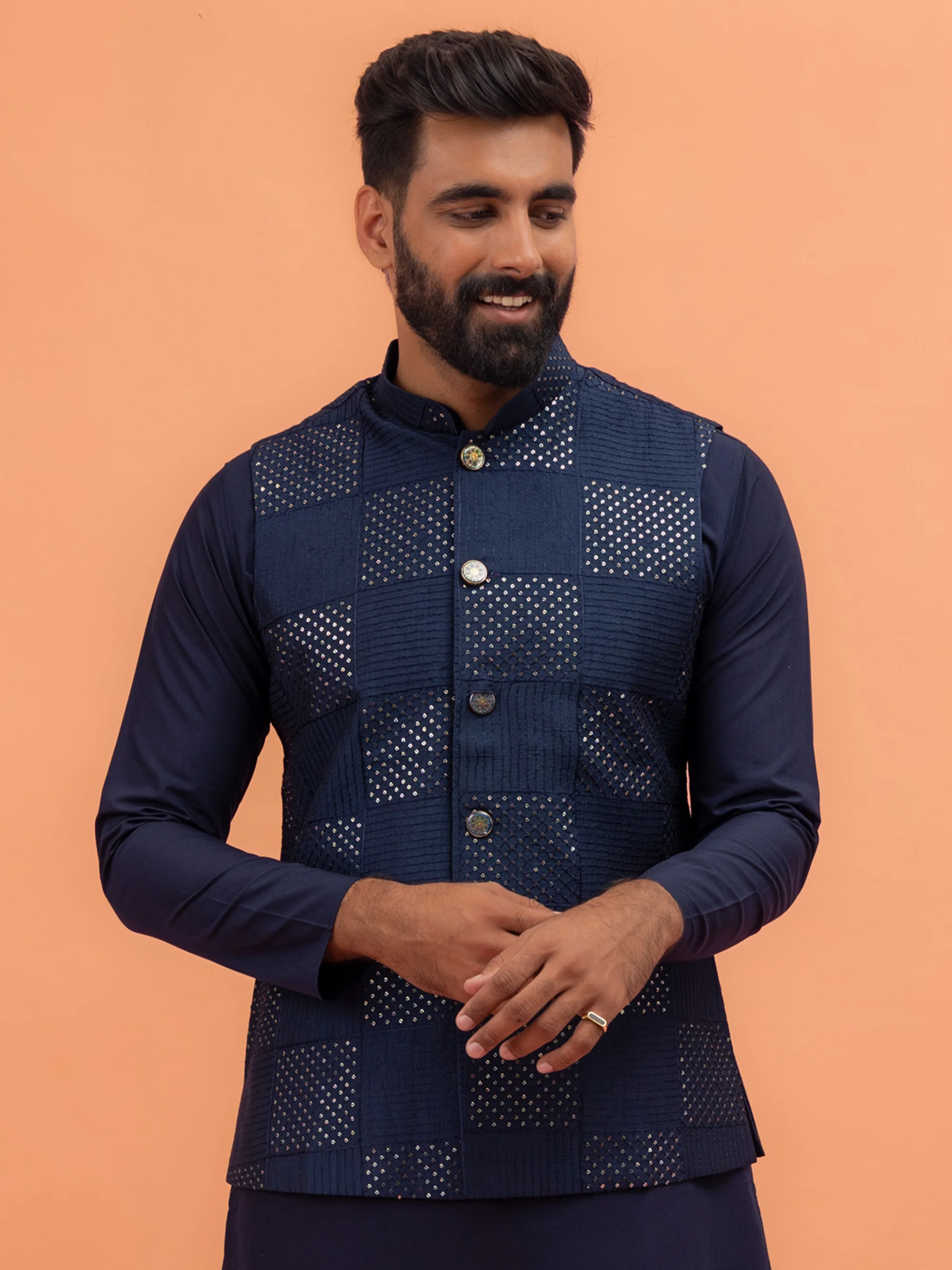 Navy Blue Sequence Work Nehru Jacket