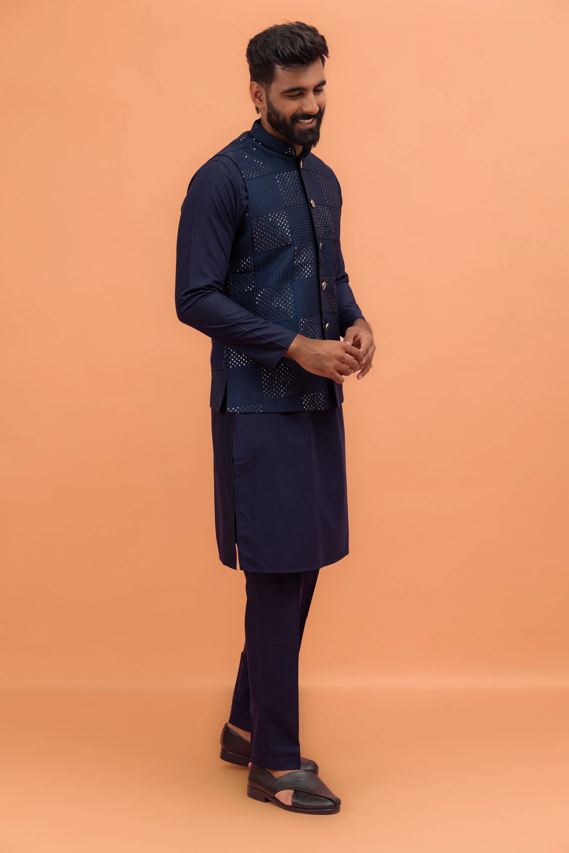 Navy Blue Sequence Work Nehru Jacket - Image 7