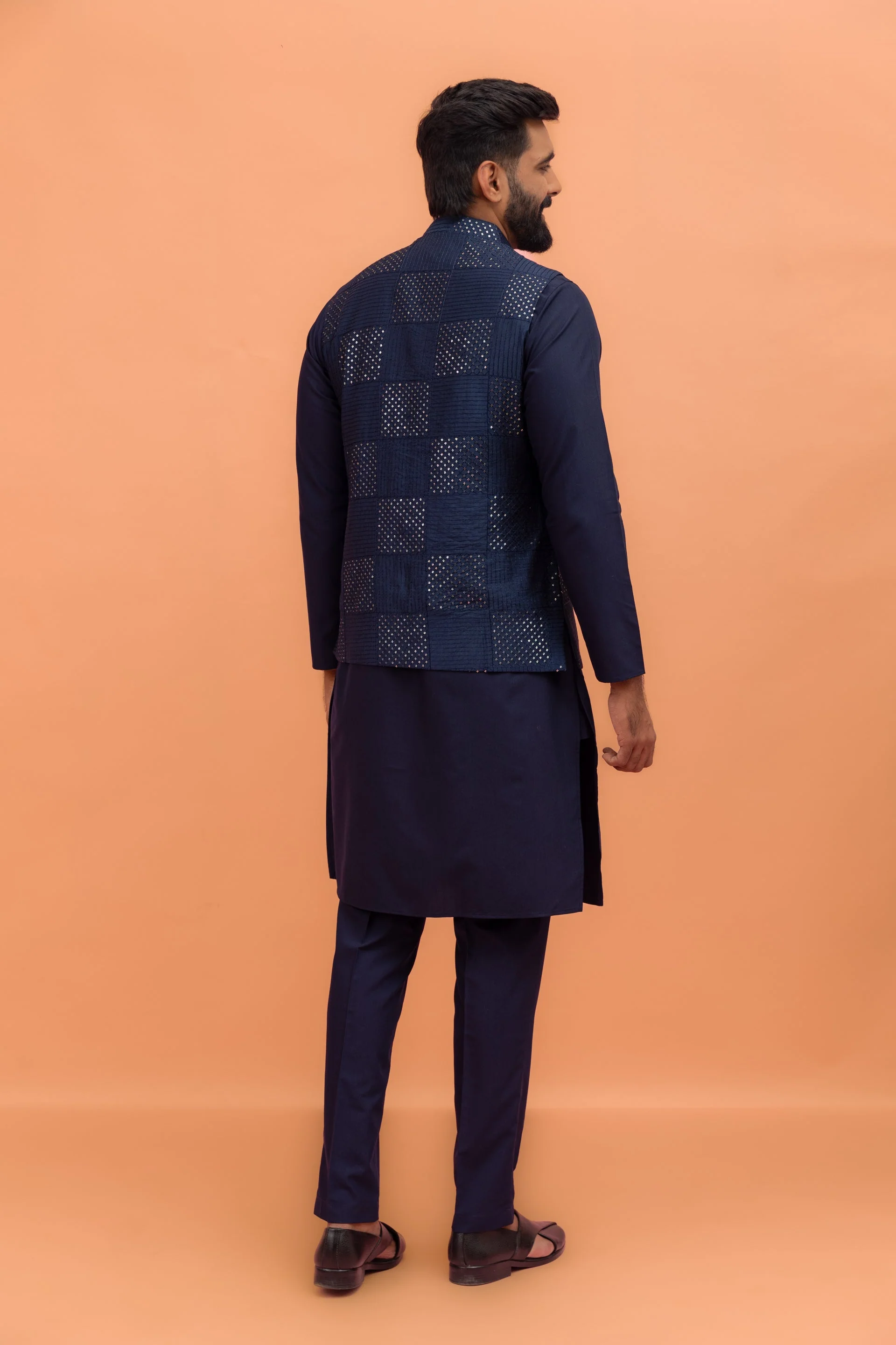 Navy Blue Sequence Work Nehru Jacket - Image 9