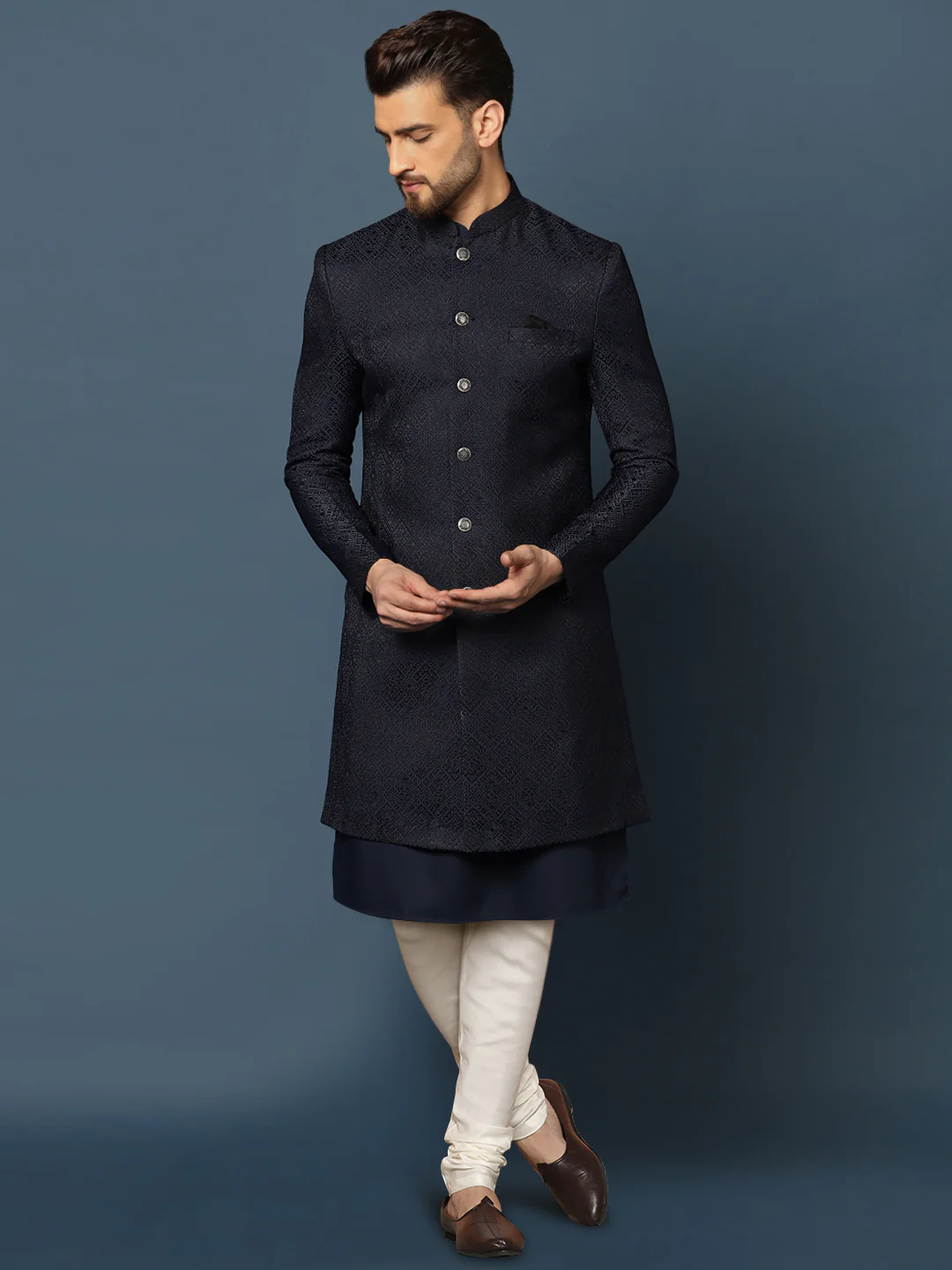 Navy Blue Woven Sherwani Churidar Set
