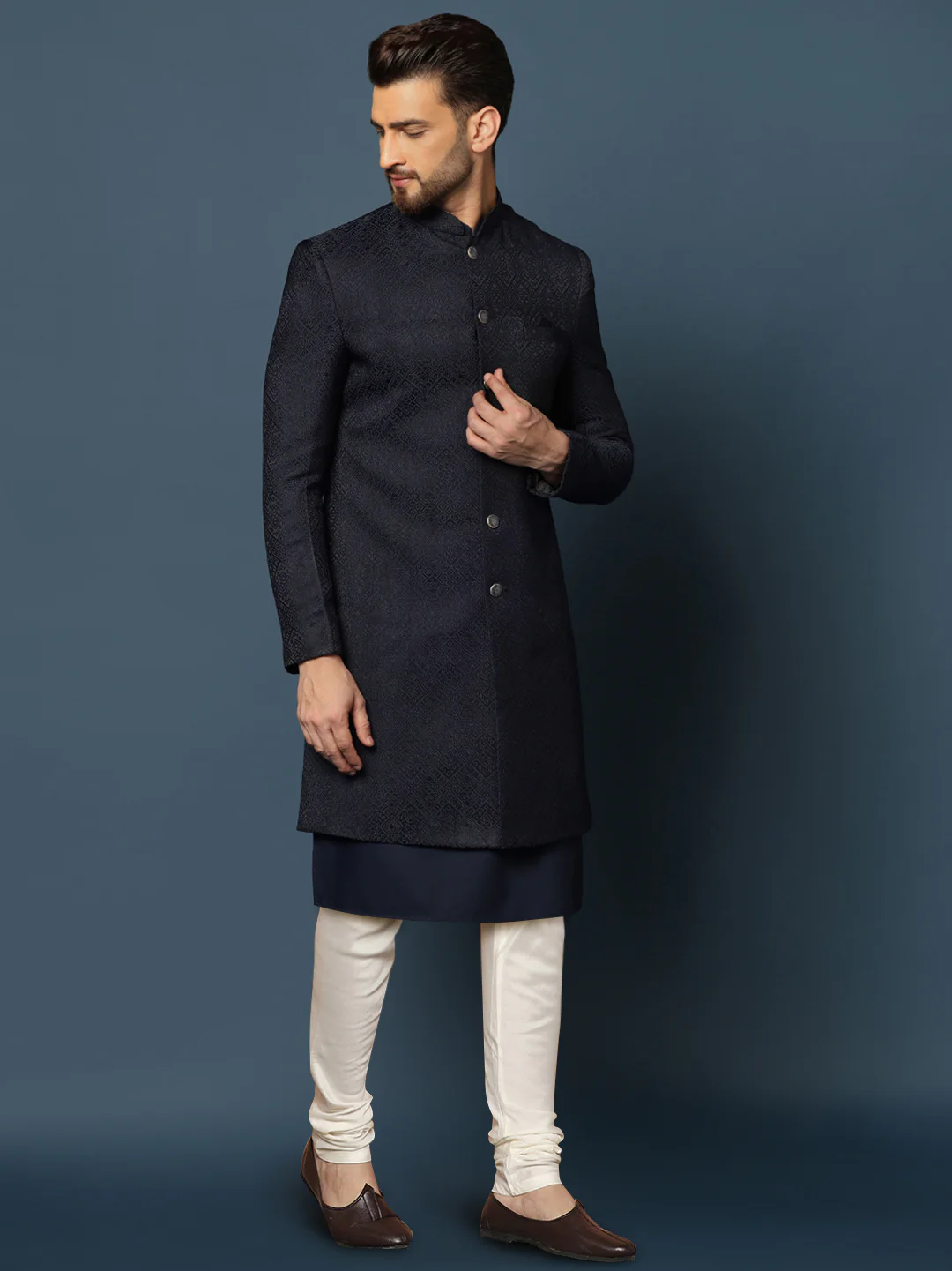 Navy Blue Woven Sherwani Churidar Set - Image 3