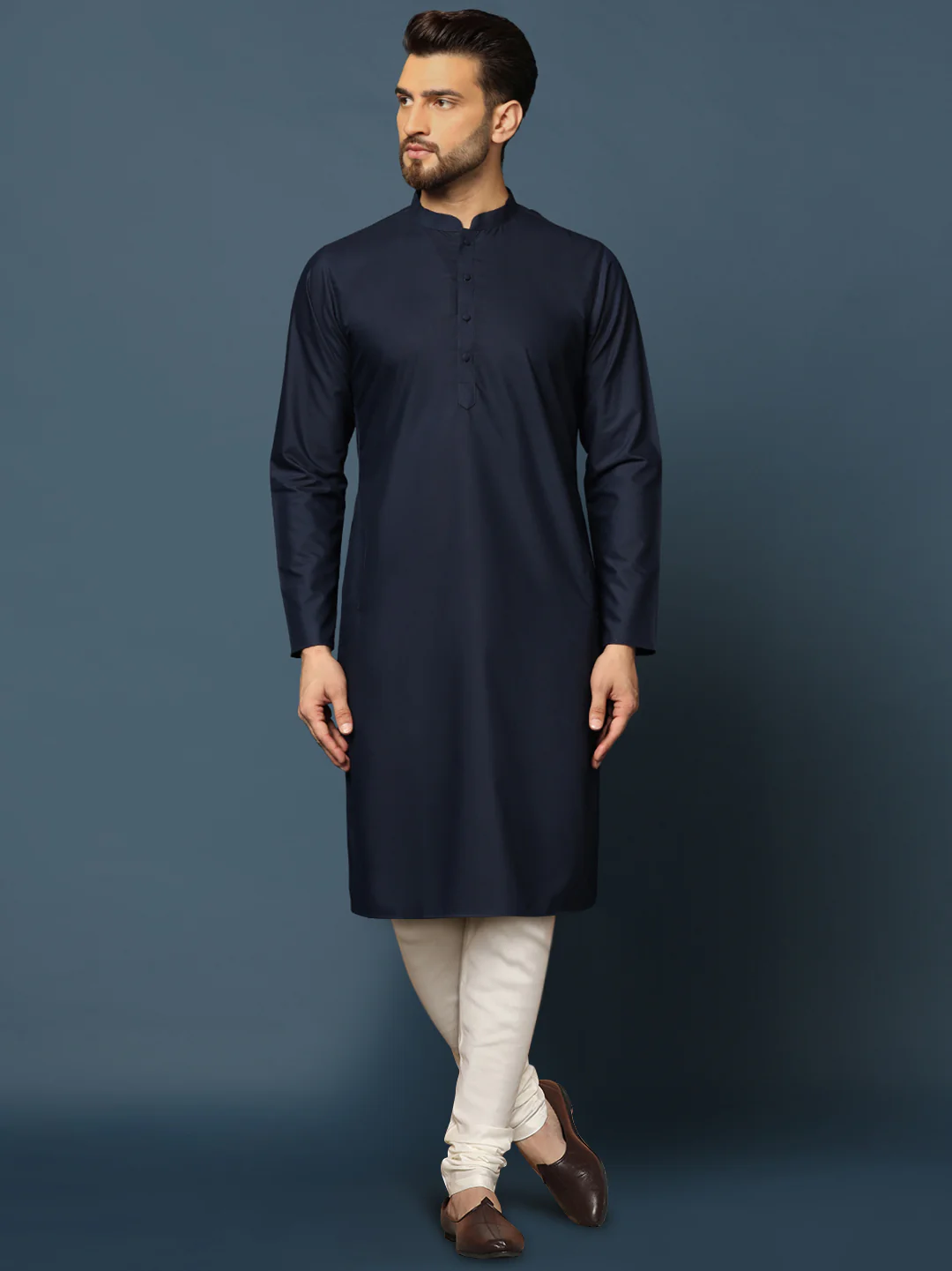 Navy Blue Woven Sherwani Churidar Set - Image 5