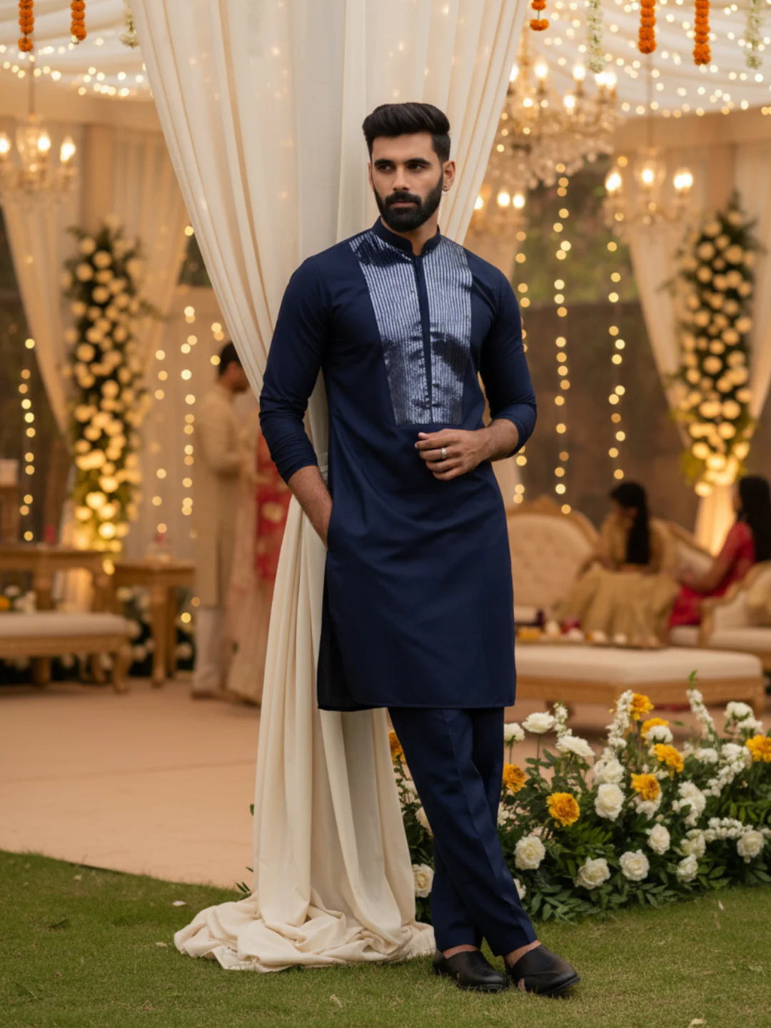 Men's Navy Blue Kurta Trouser Set - Image 2