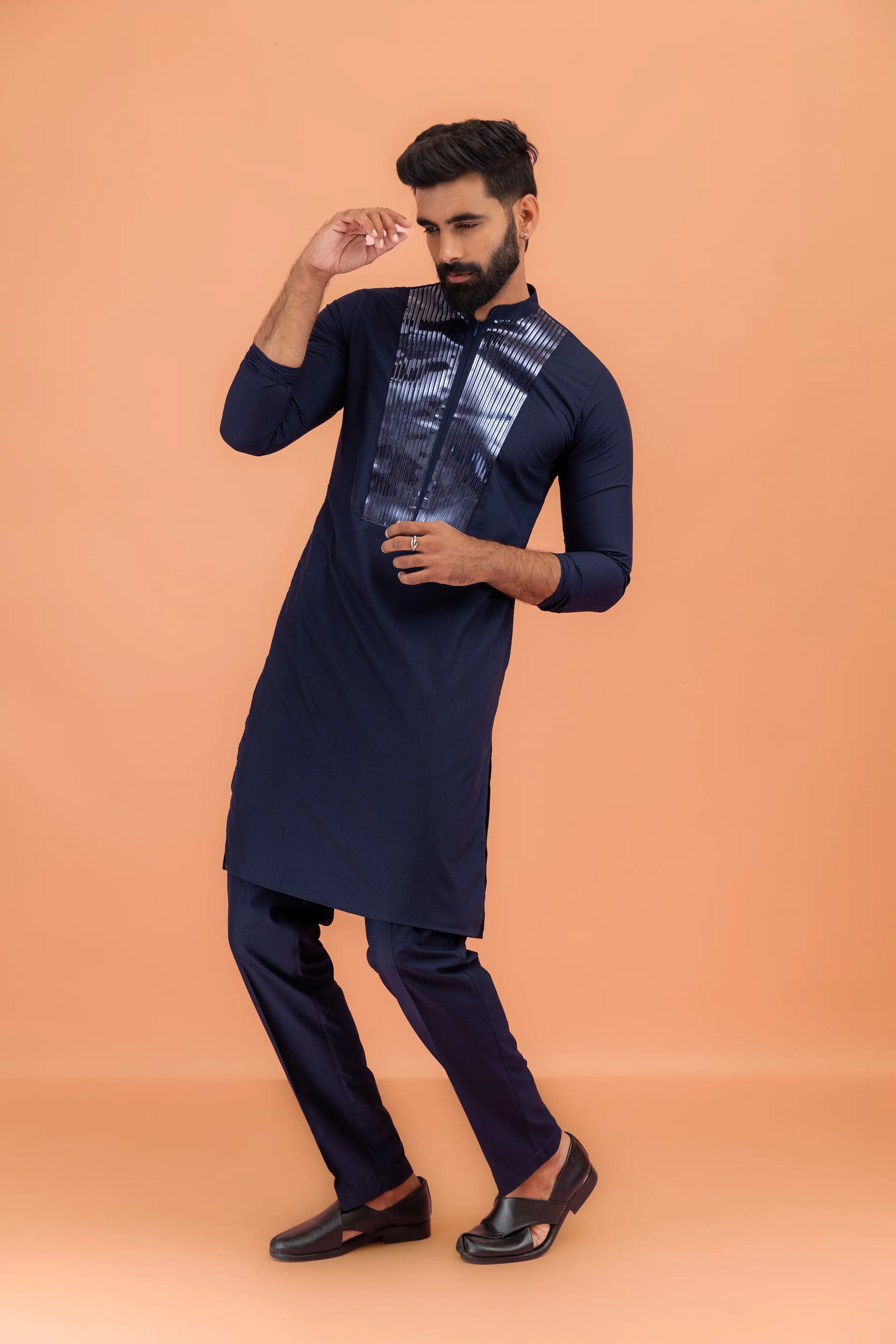 Men's Navy Blue Kurta Trouser Set - Image 3