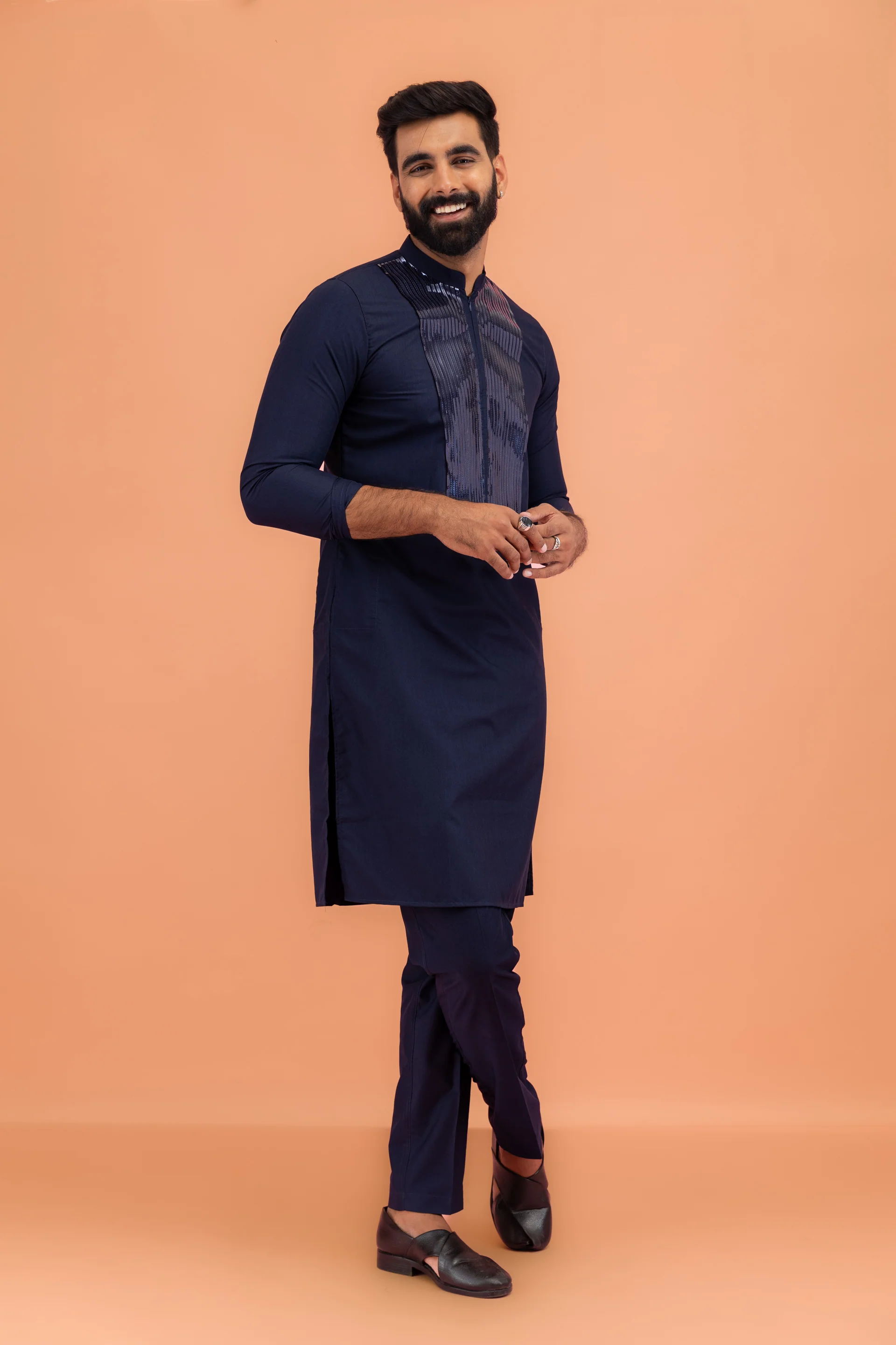 Men's Navy Blue Kurta Trouser Set - Image 4