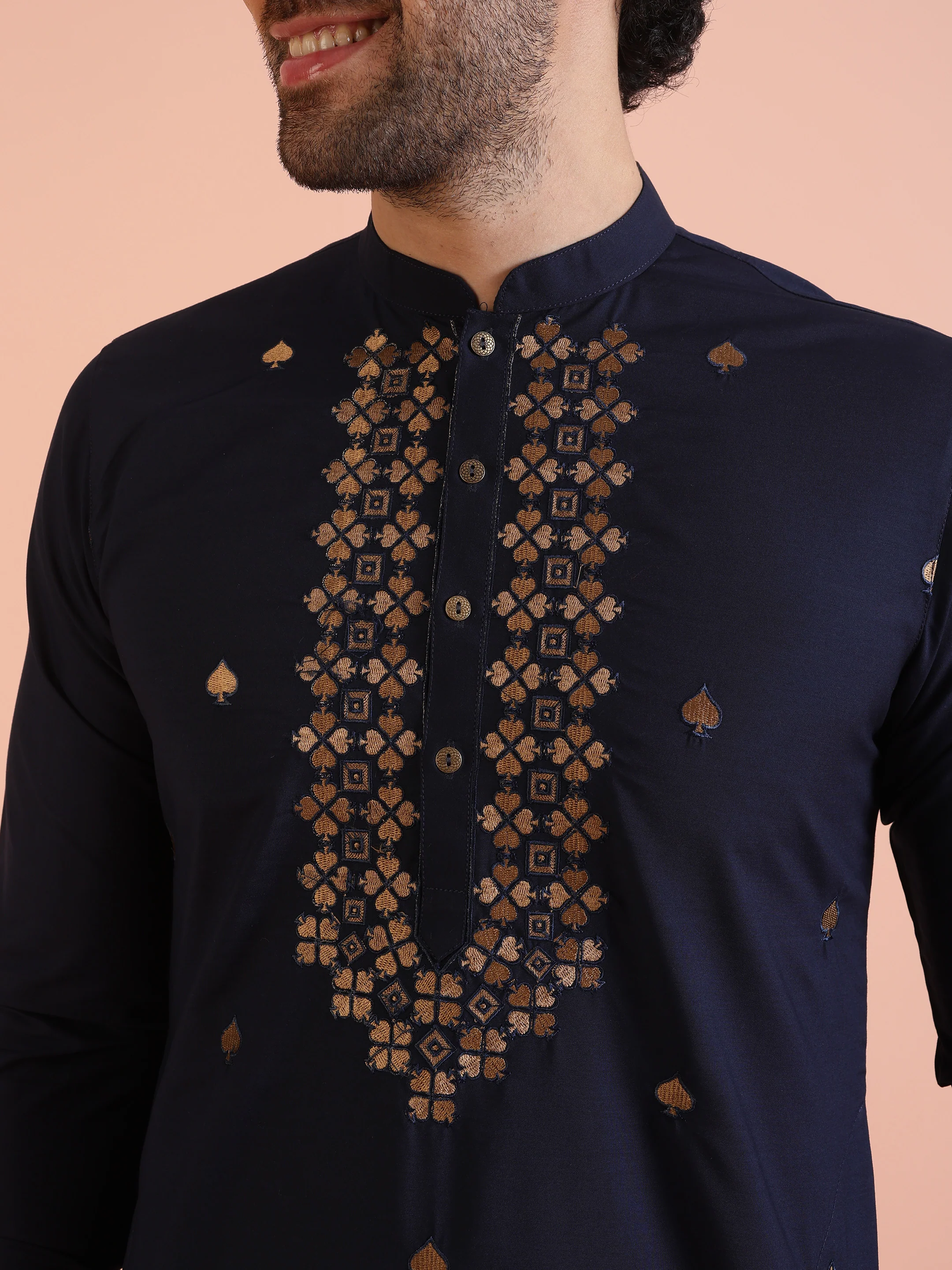 Navy Blue Silk Blend Embroidered Kurta Trouser - Image 5