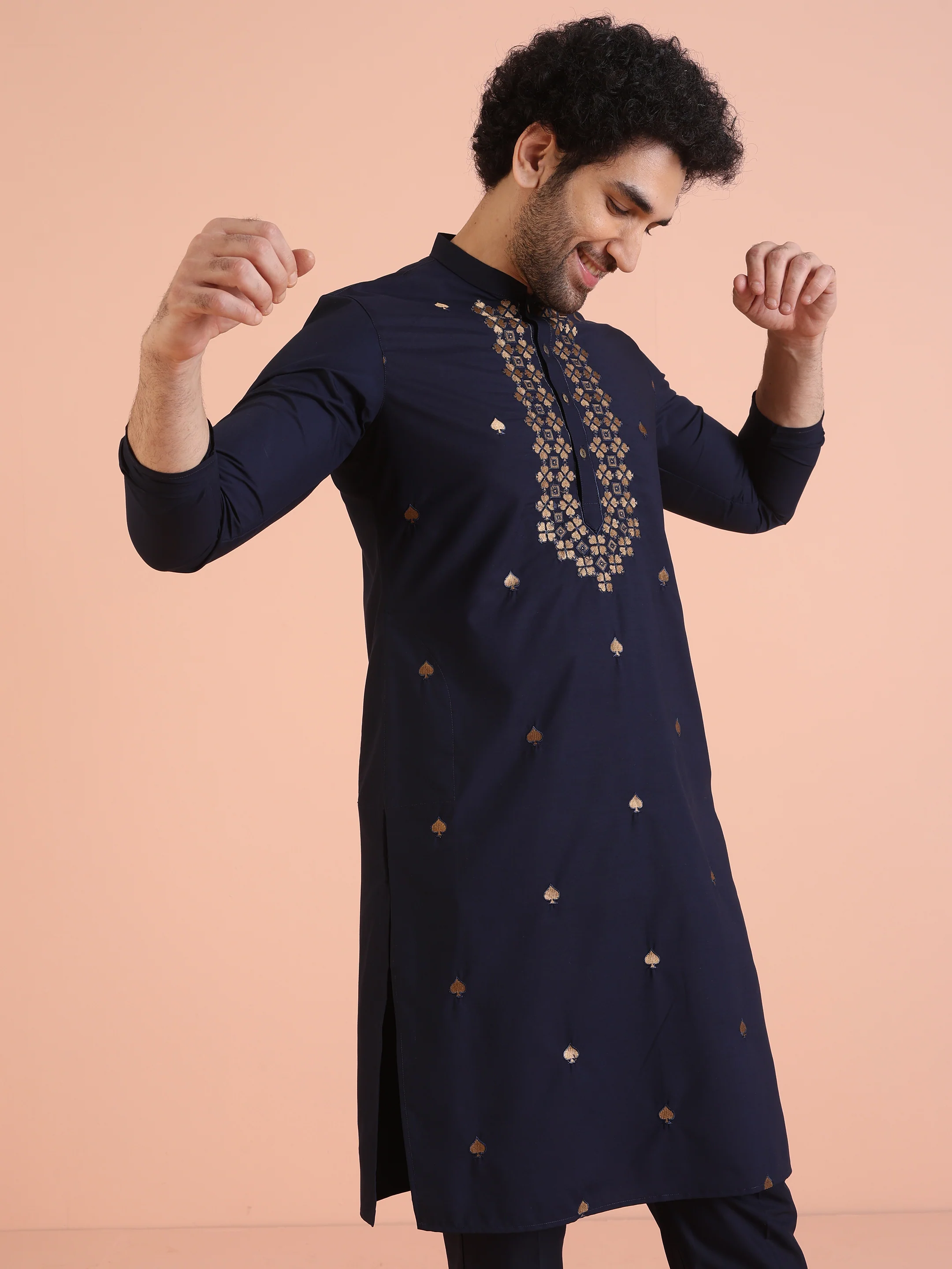 Navy Blue Silk Blend Embroidered Kurta Trouser - Image 8
