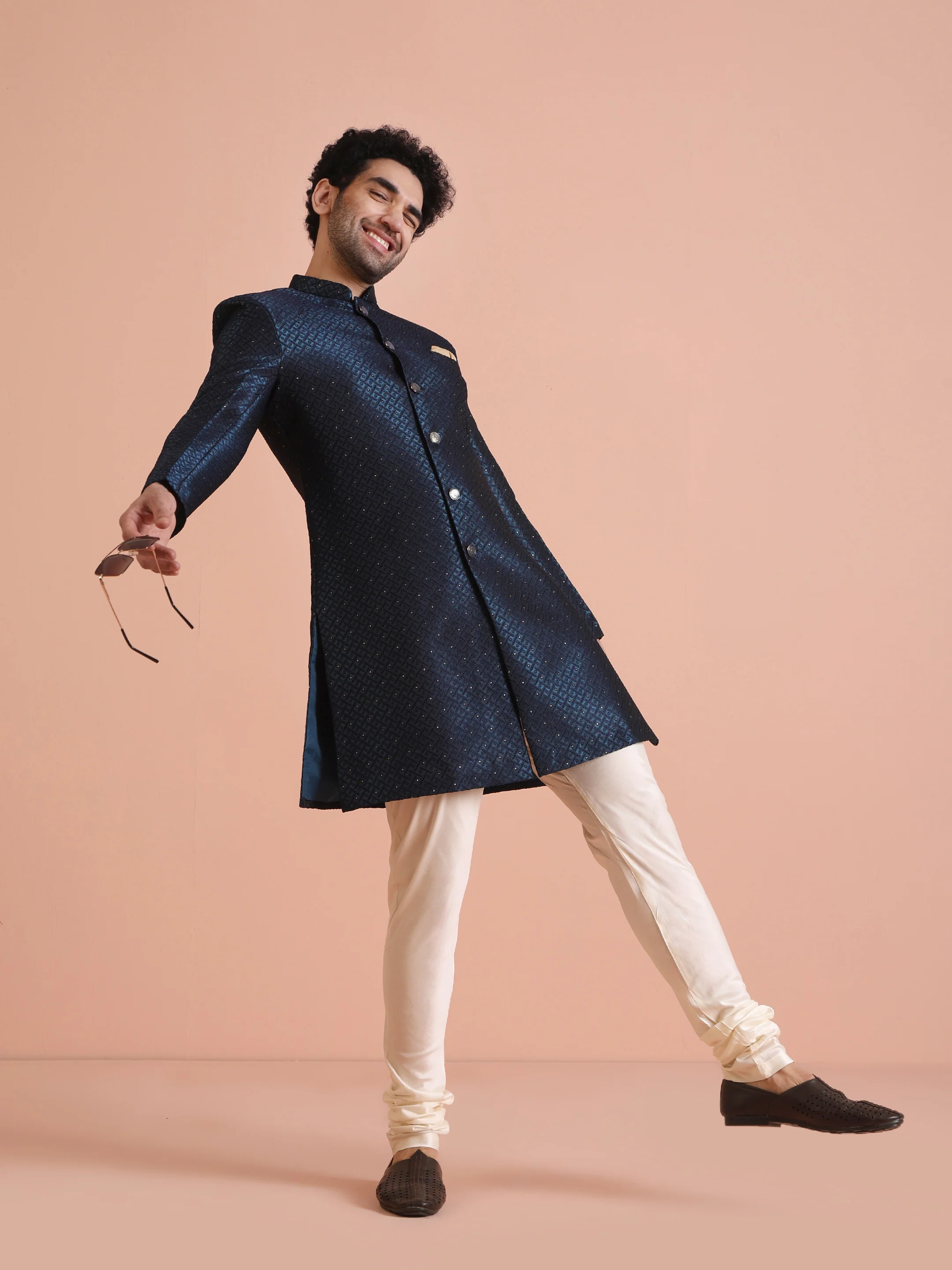 Navy Blue Textured Sherwani Churidar Set
