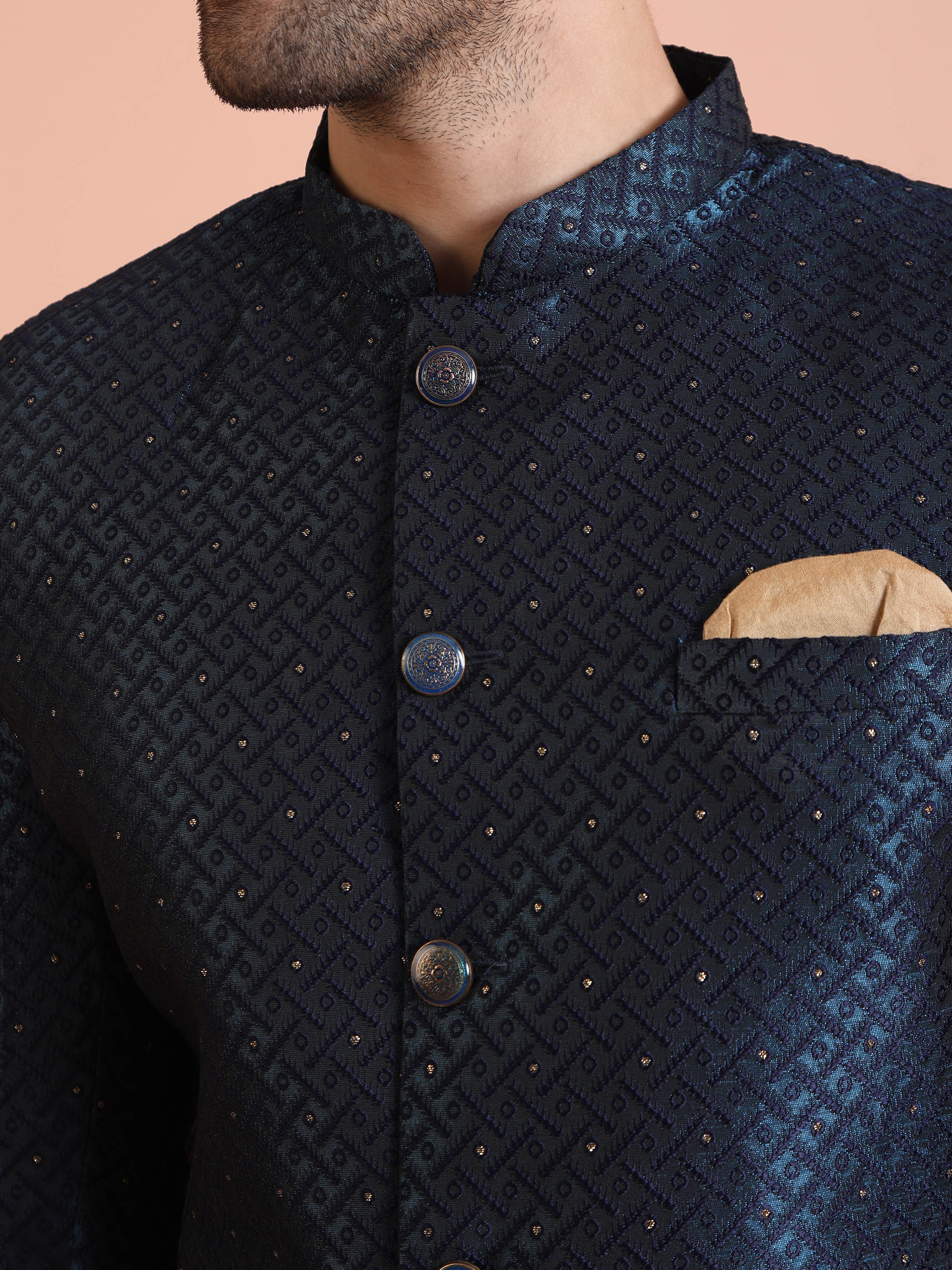Navy Blue Textured Sherwani Churidar Set - Image 5