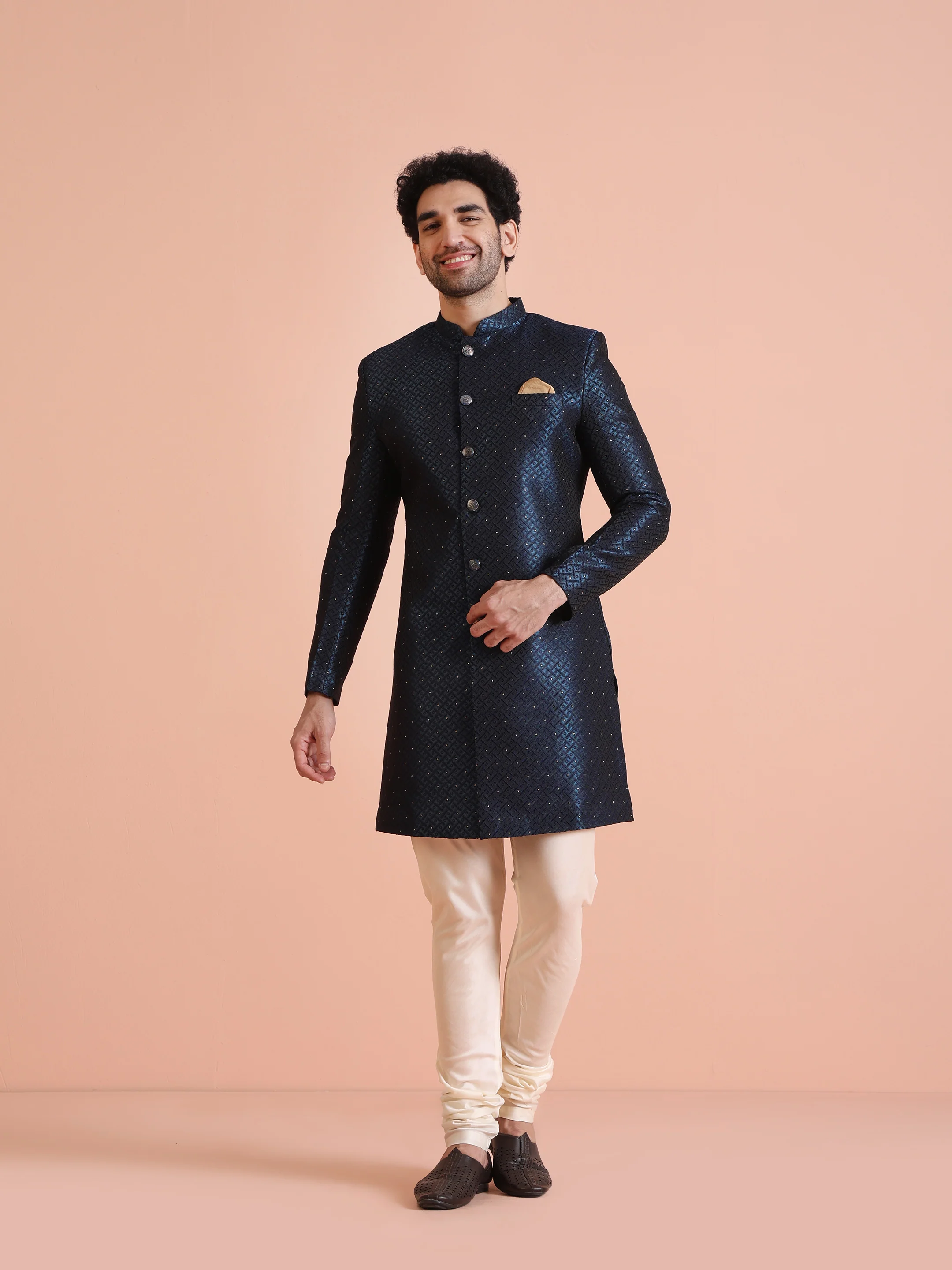 Navy Blue Textured Sherwani Churidar Set - Image 7