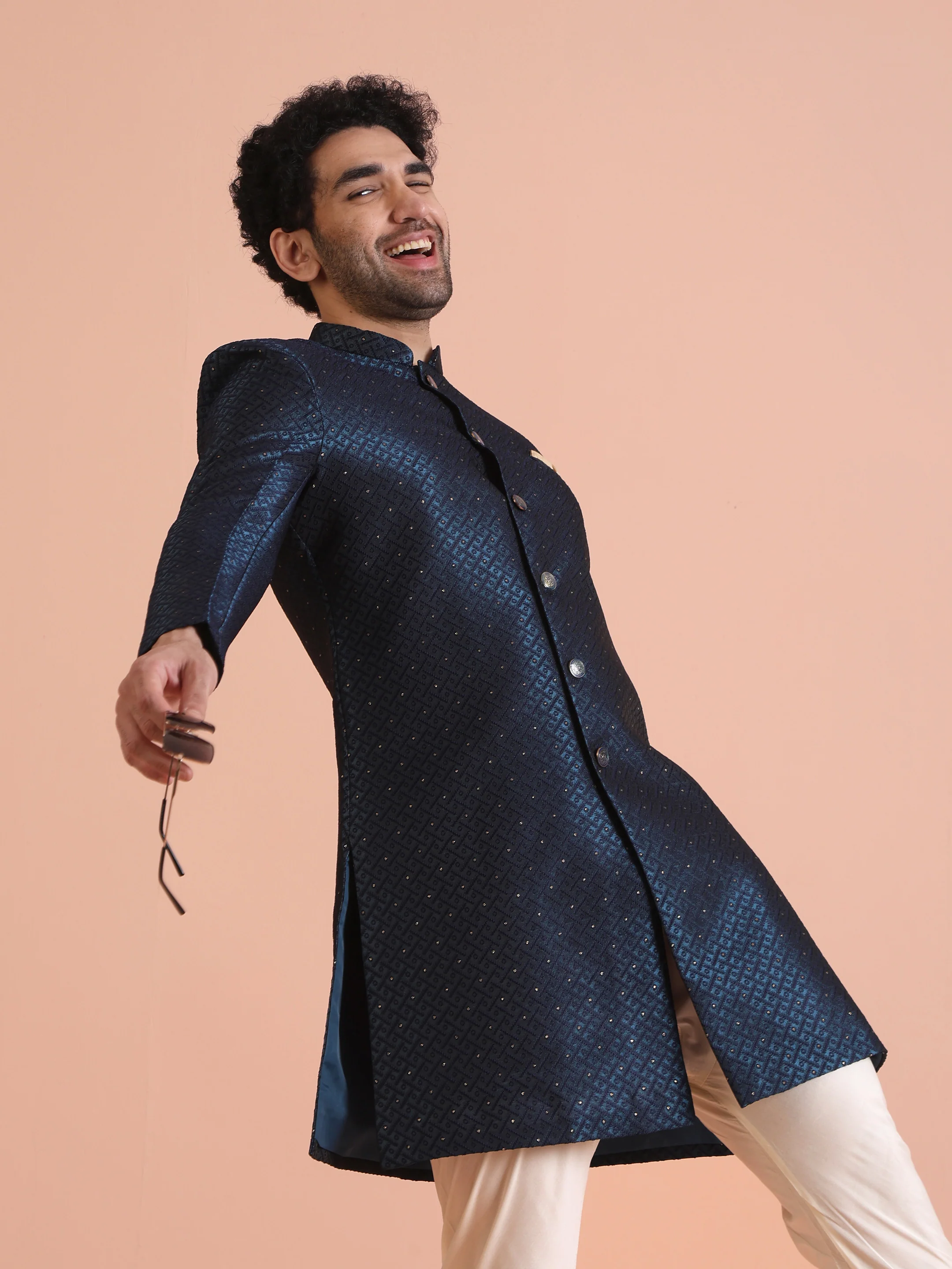 Navy Blue Textured Sherwani Churidar Set - Image 8
