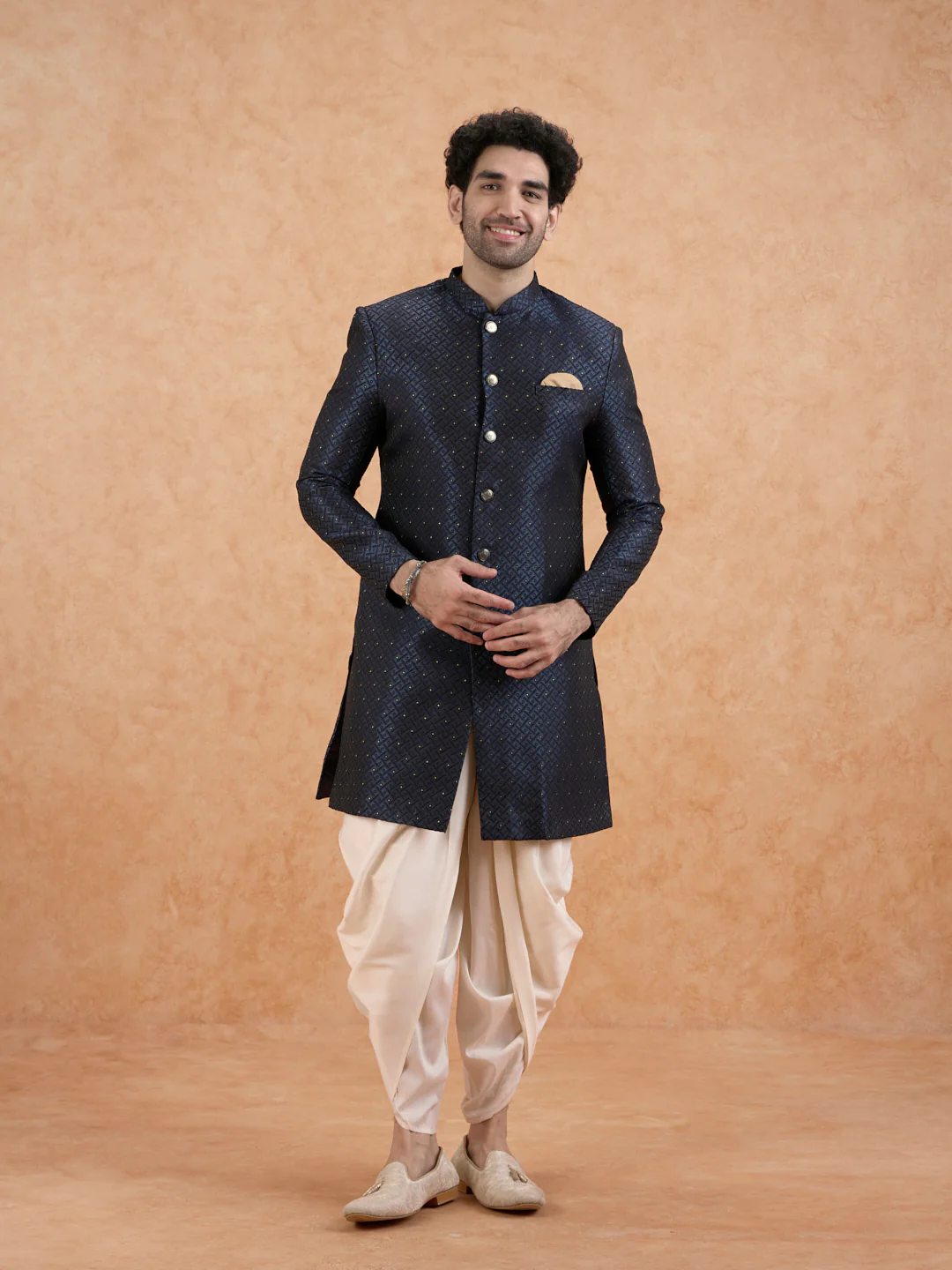 Blue Silk Blend Textured Indowestern Sherwani with Dhoti