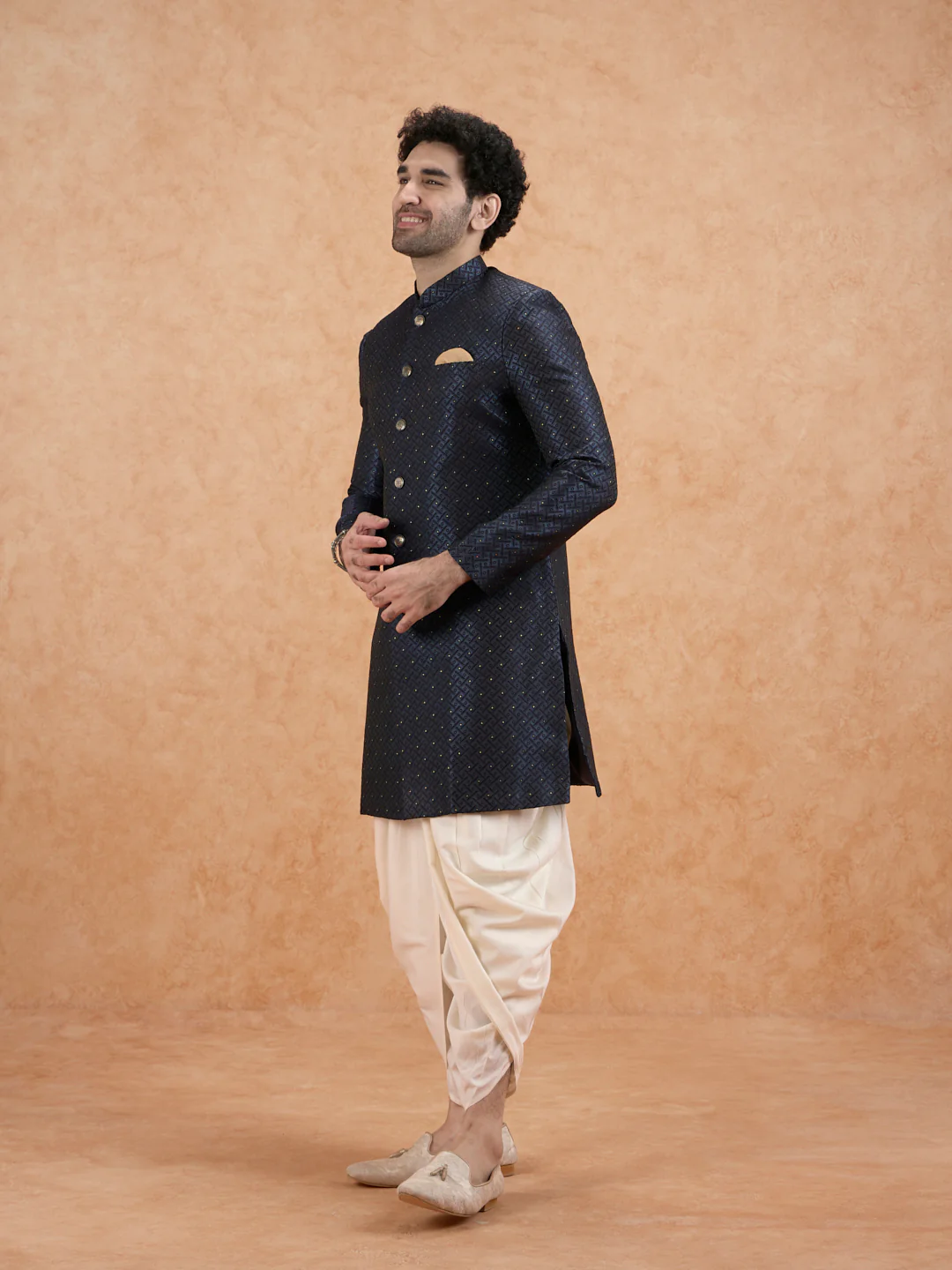 Blue Silk Blend Textured Indowestern Sherwani with Dhoti - Image 3