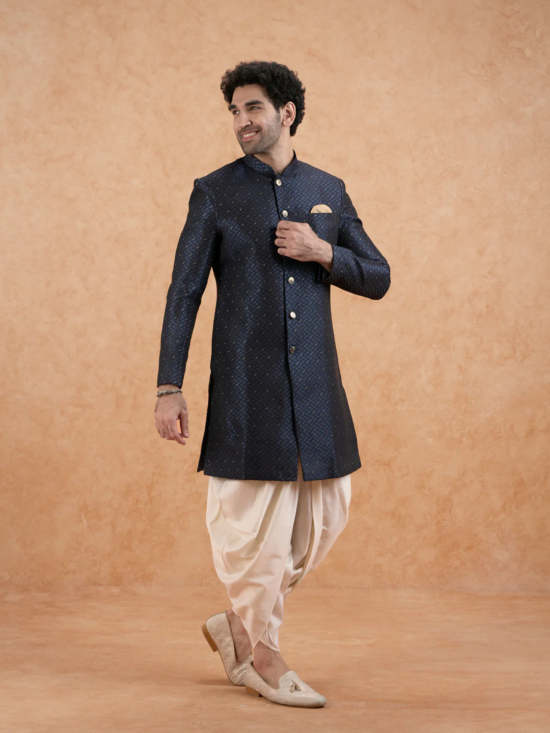Blue Silk Blend Textured Indowestern Sherwani with Dhoti - Image 4