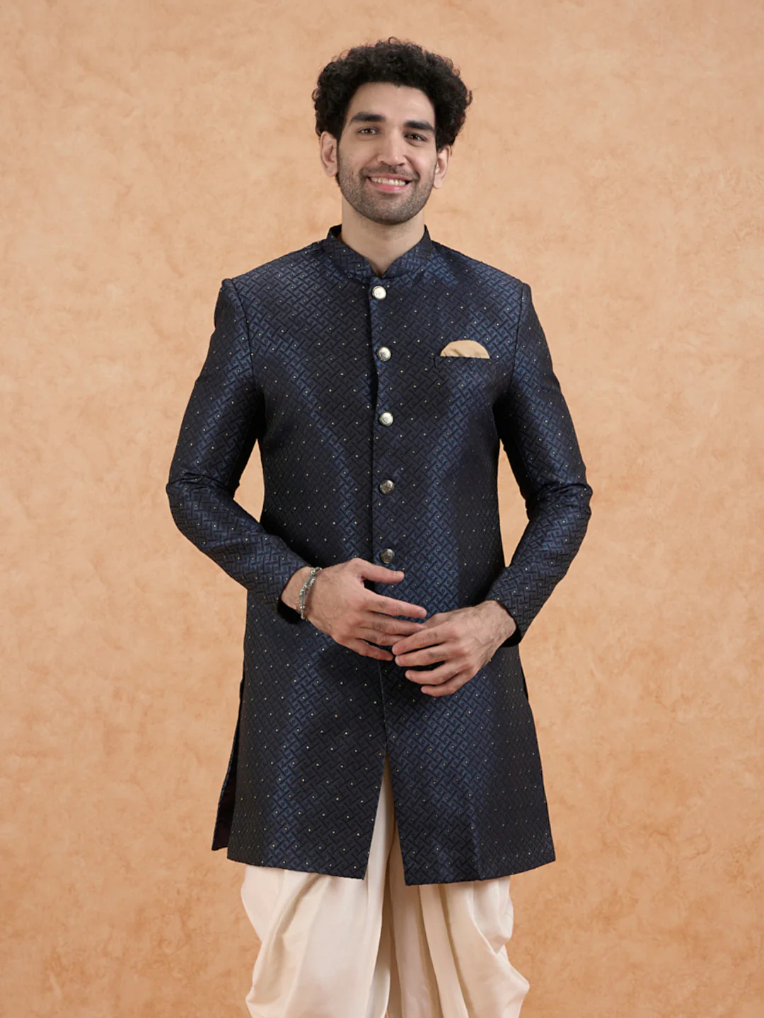 Blue Silk Blend Textured Indowestern Sherwani with Dhoti - Image 7